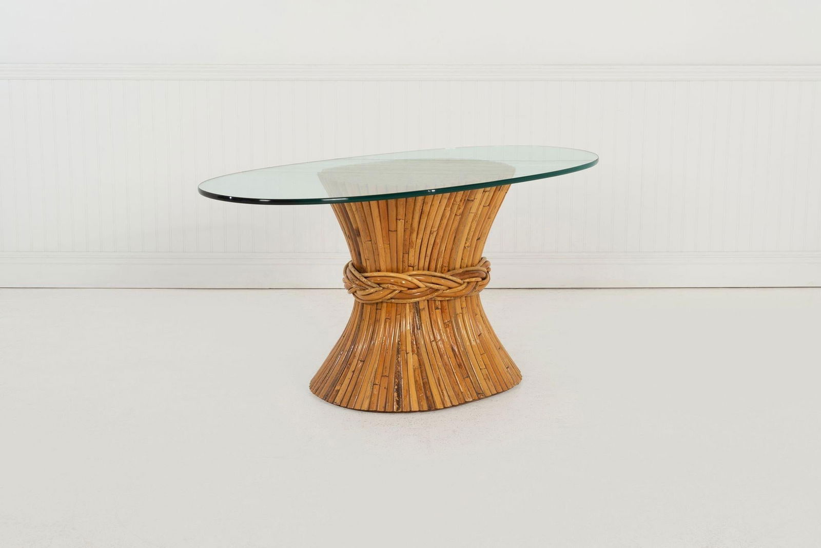 1970s McGuire Sculptural Rattan & Bamboo "Sheaf of Wheat" Oval Console Table - 3