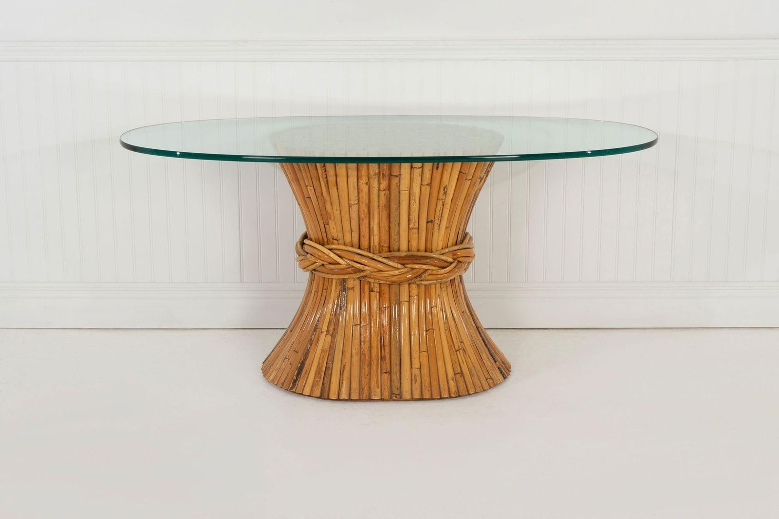 1970s McGuire Sculptural Rattan & Bamboo "Sheaf of Wheat" Oval Console Table - 6