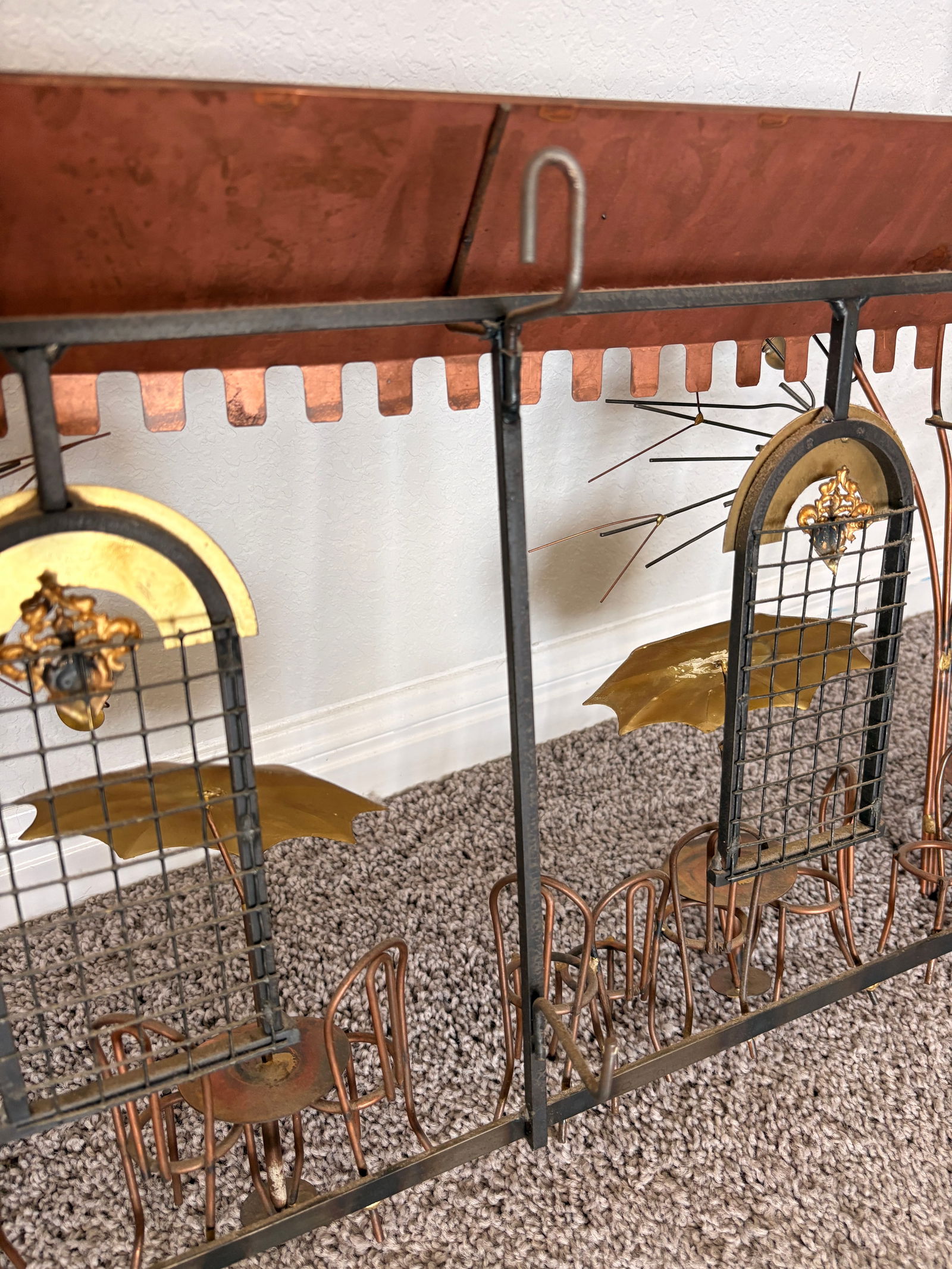 Signed Curtis Jere Brutalist Café Street Scene Wall Sculpture, Copper & Brass, C. 1970s - 10