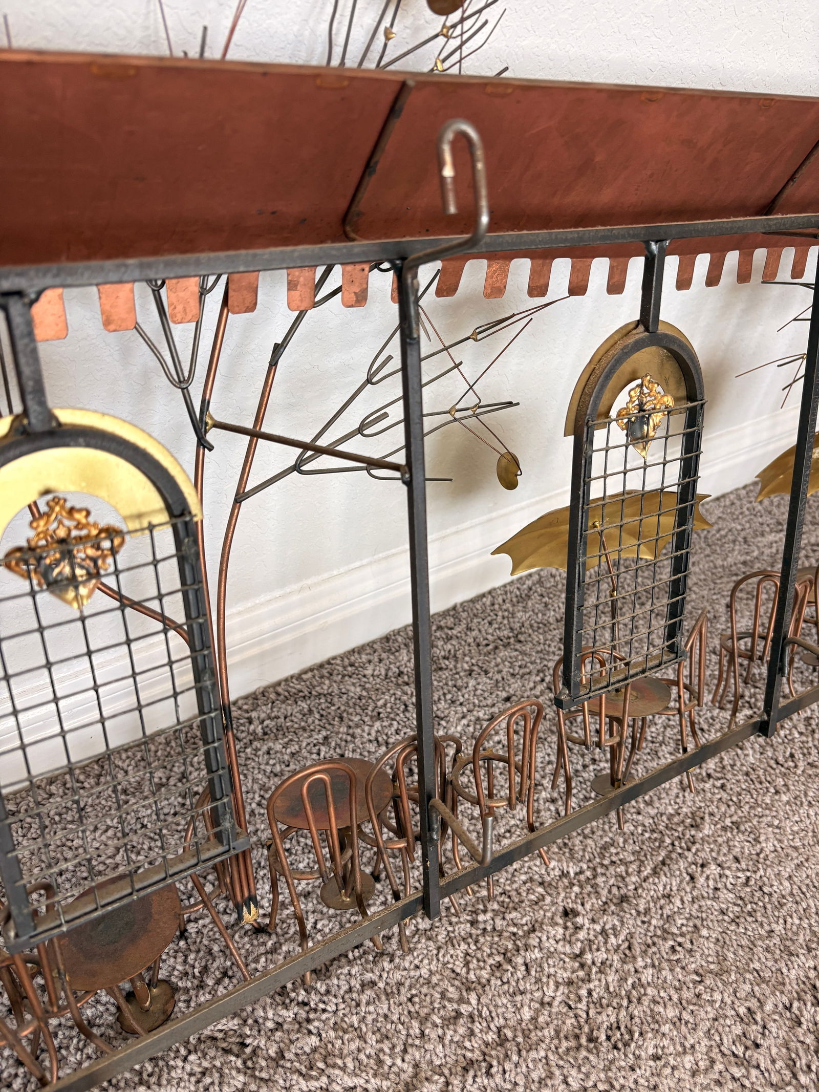 Signed Curtis Jere Brutalist Café Street Scene Wall Sculpture, Copper & Brass, C. 1970s - 12