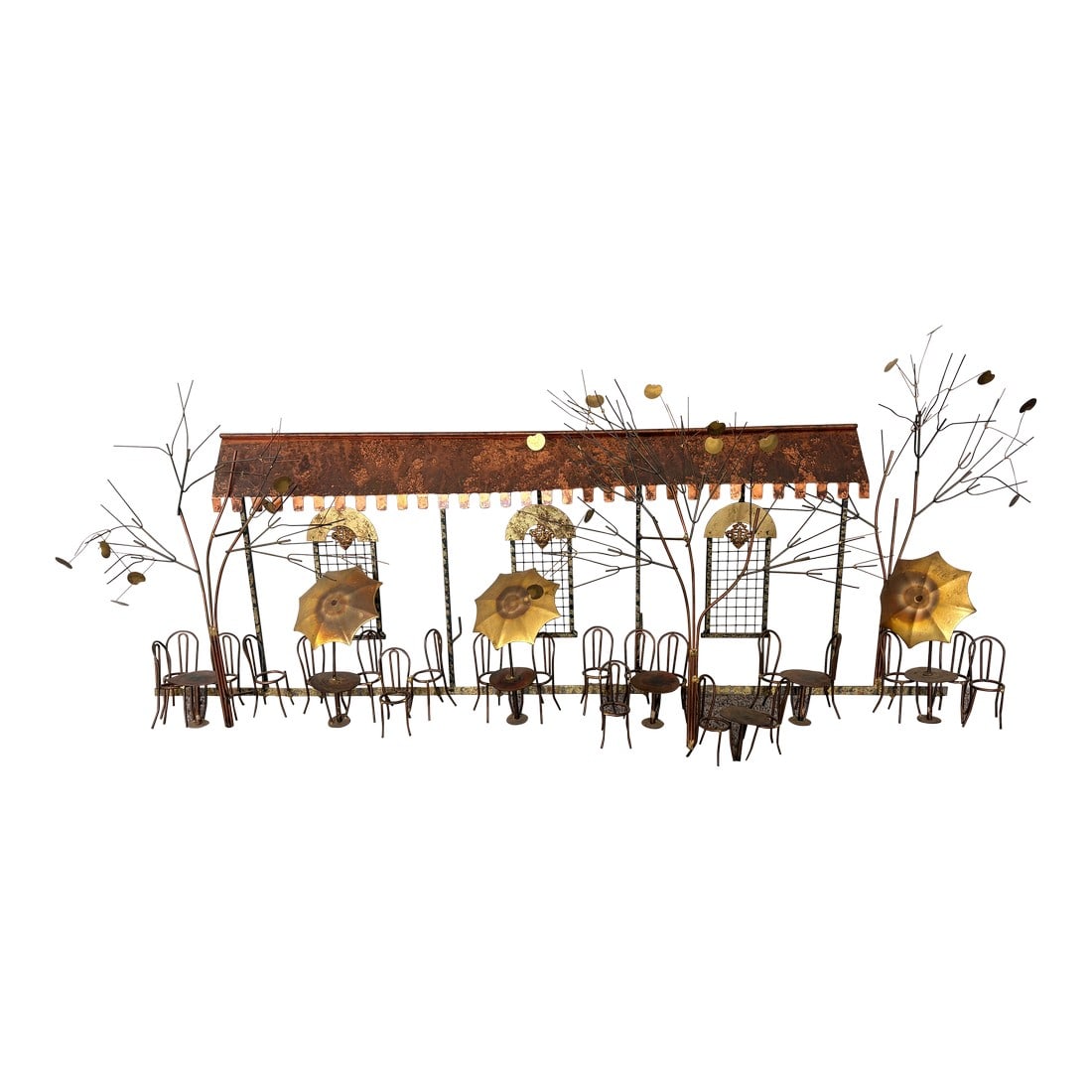 Signed Curtis Jere Brutalist Café Street Scene Wall Sculpture, Copper & Brass, C. 1970s (1 of 12)