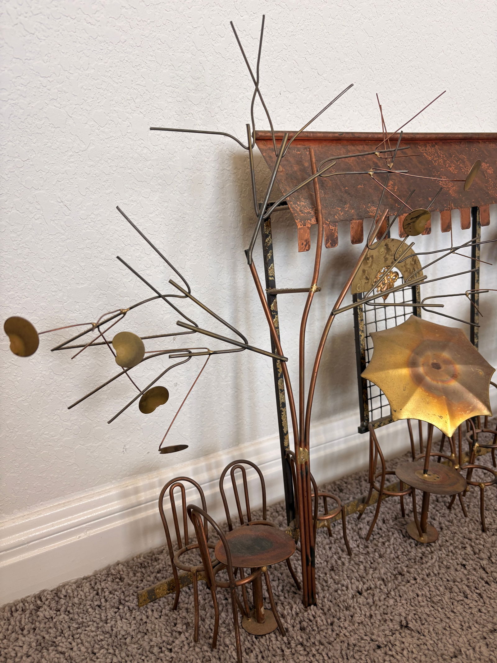 Signed Curtis Jere Brutalist Café Street Scene Wall Sculpture, Copper & Brass, C. 1970s - 2