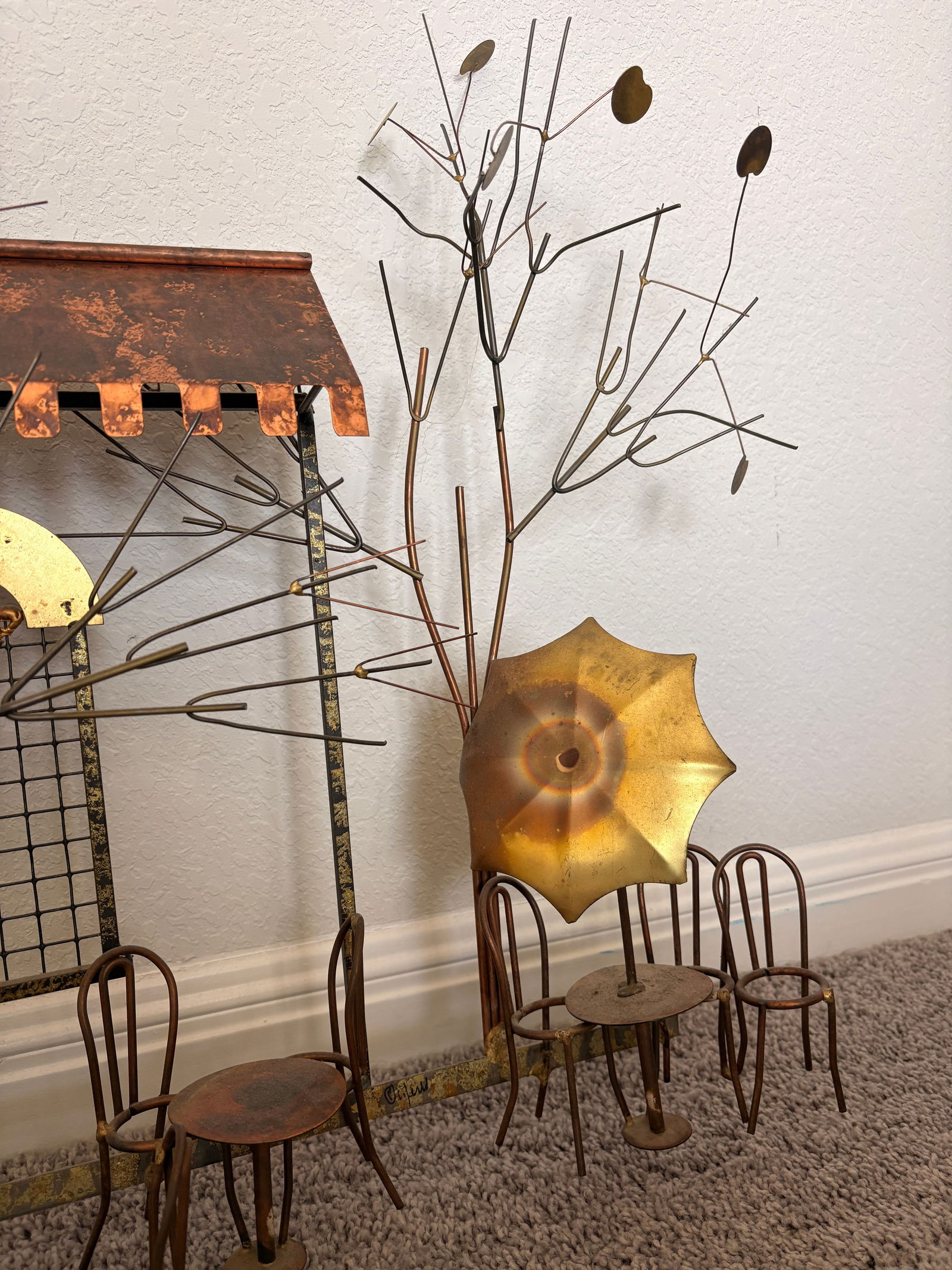 Signed Curtis Jere Brutalist Café Street Scene Wall Sculpture, Copper & Brass, C. 1970s - 3