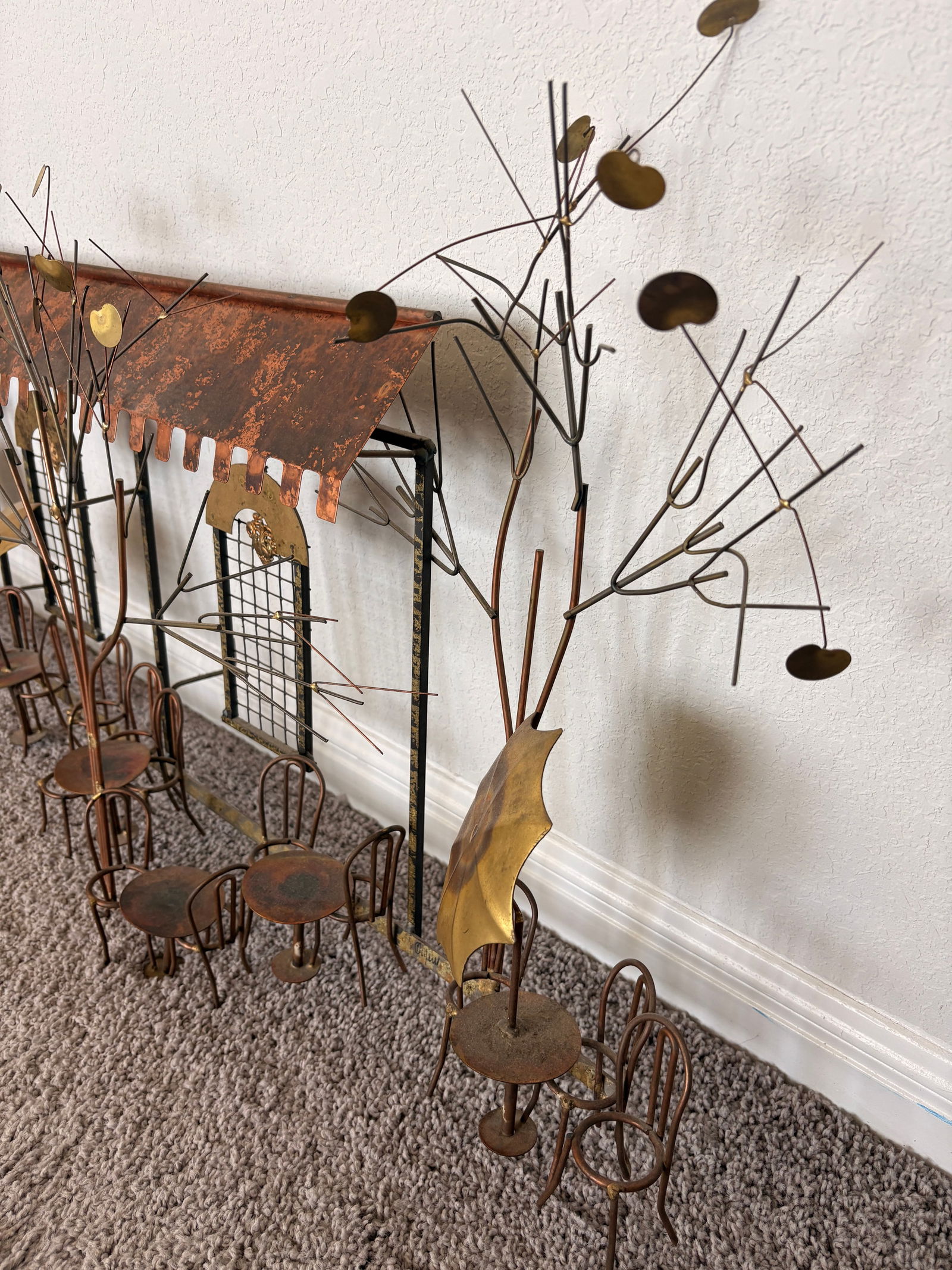 Signed Curtis Jere Brutalist Café Street Scene Wall Sculpture, Copper & Brass, C. 1970s - 4