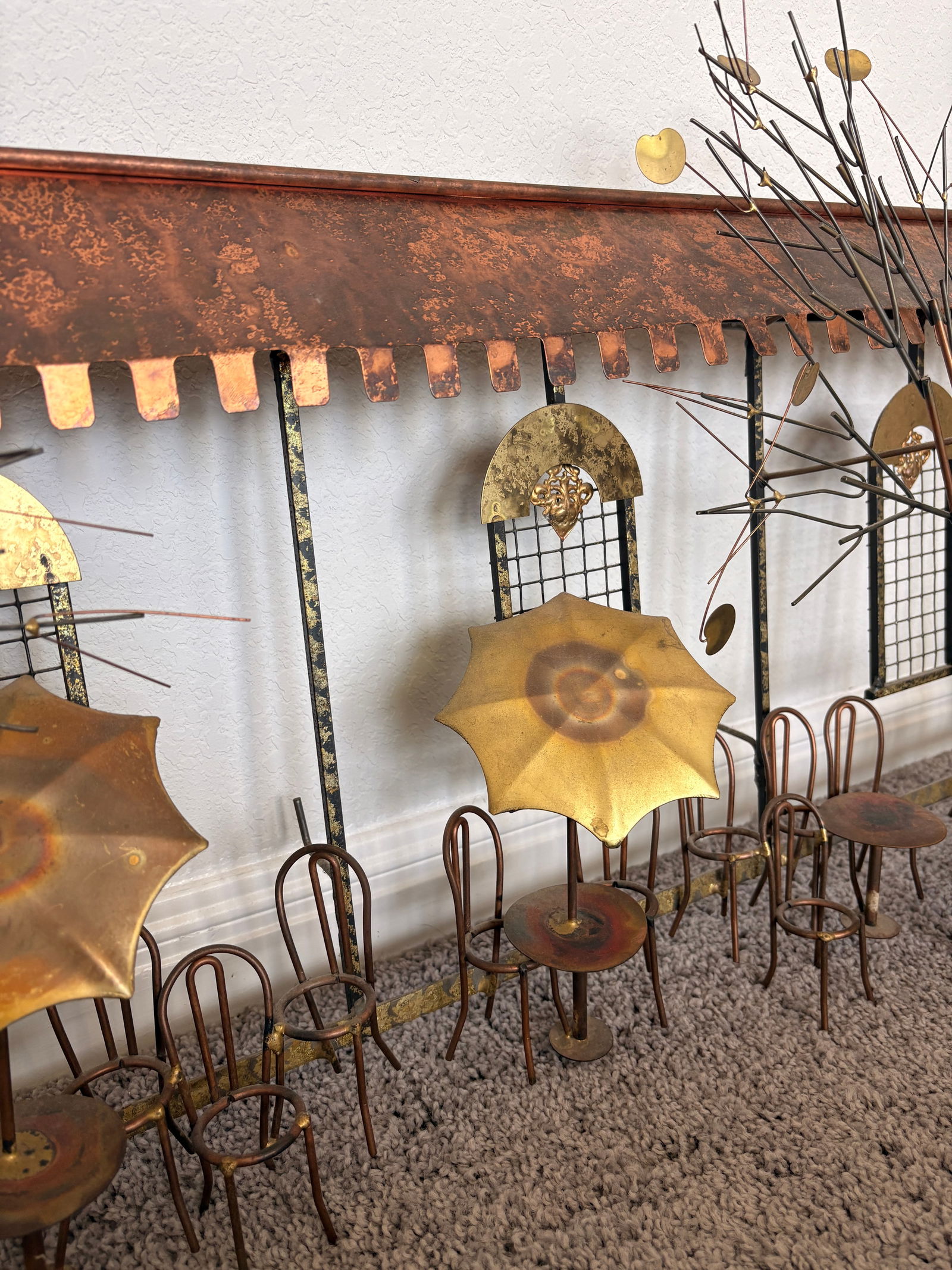 Signed Curtis Jere Brutalist Café Street Scene Wall Sculpture, Copper & Brass, C. 1970s - 5