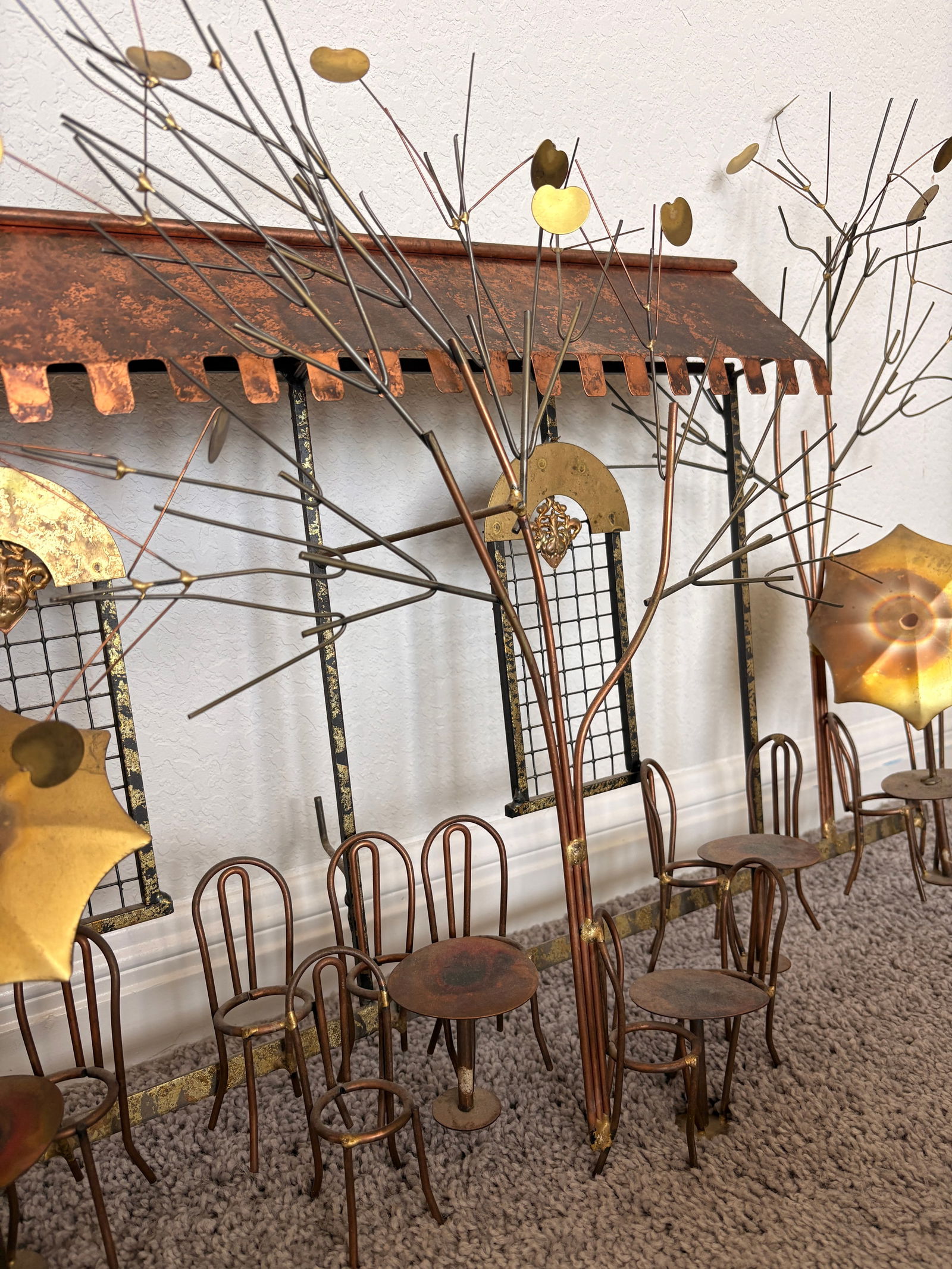 Signed Curtis Jere Brutalist Café Street Scene Wall Sculpture, Copper & Brass, C. 1970s - 6