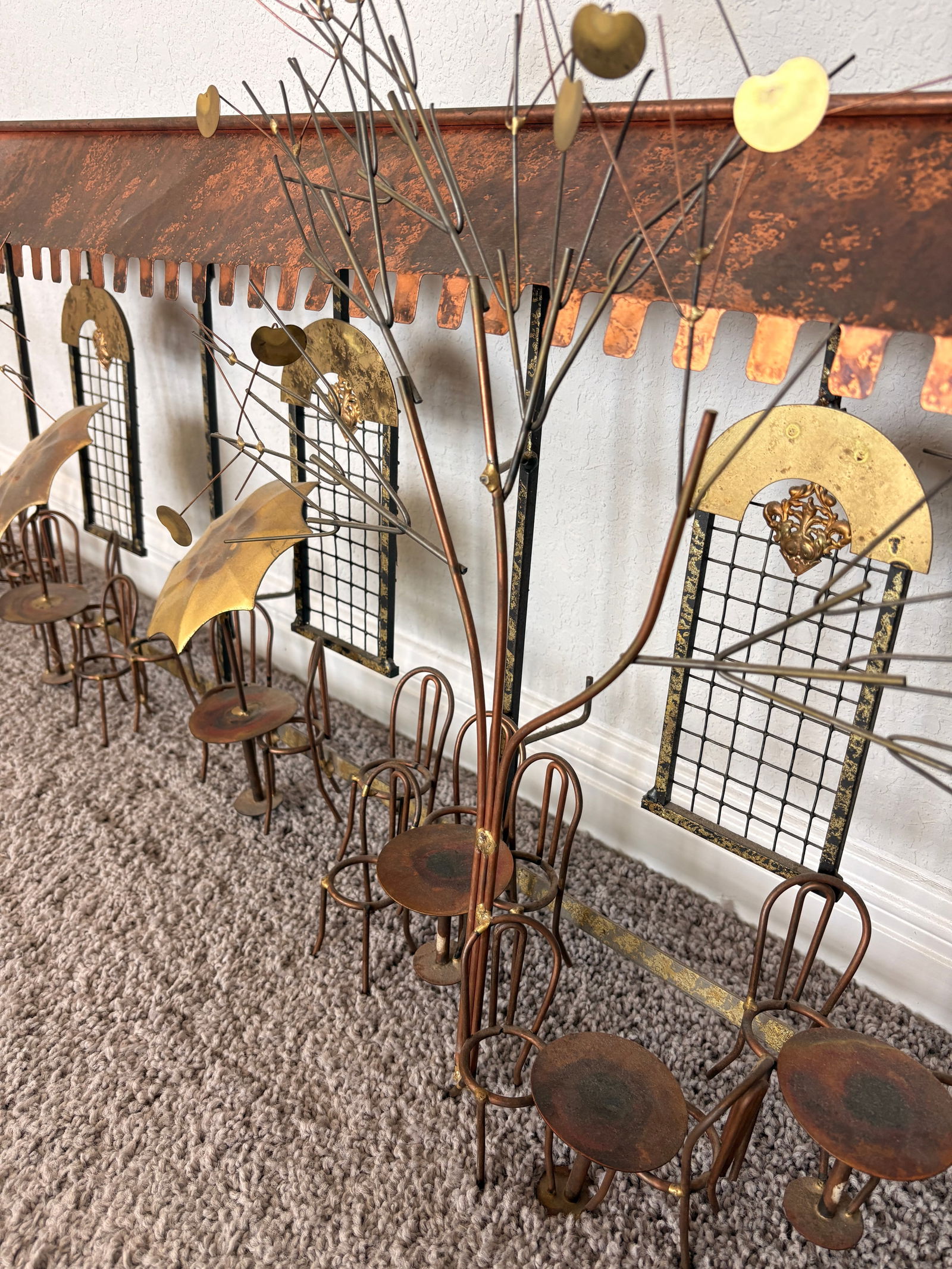 Signed Curtis Jere Brutalist Café Street Scene Wall Sculpture, Copper & Brass, C. 1970s - 9