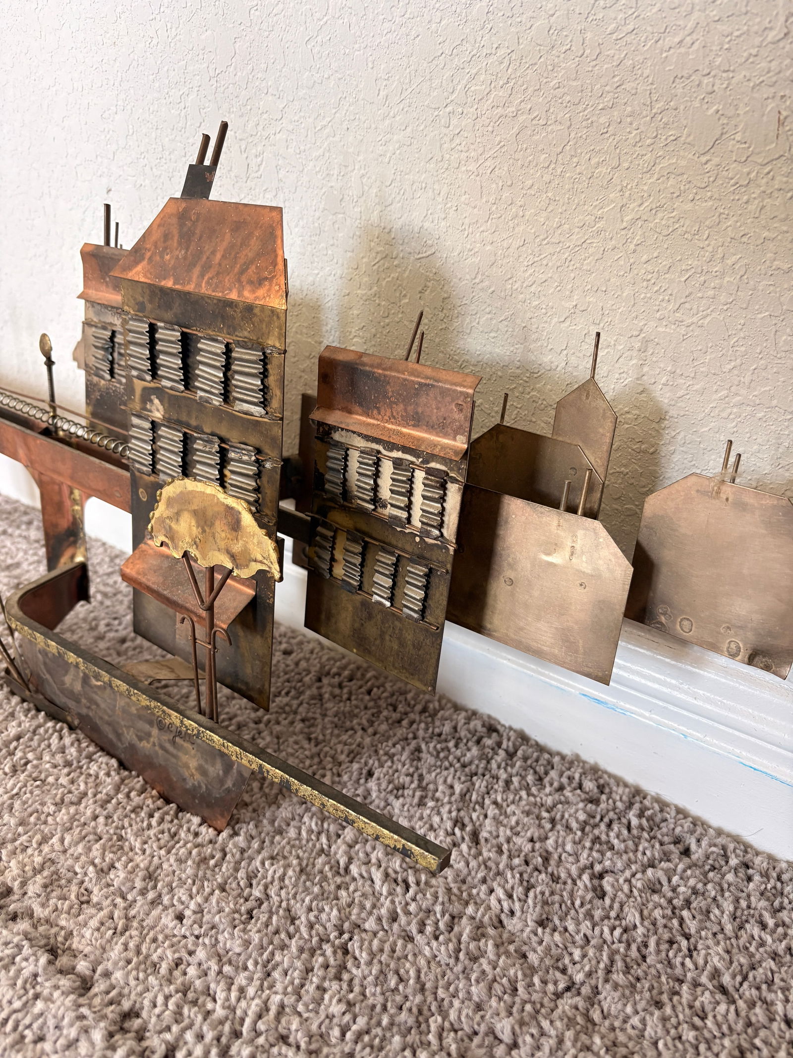 1970s Signed Curtis Jere Mid-Century Modern Brutalist Cityscape Bridge Wall Sculpture, Copper & Bras - 10