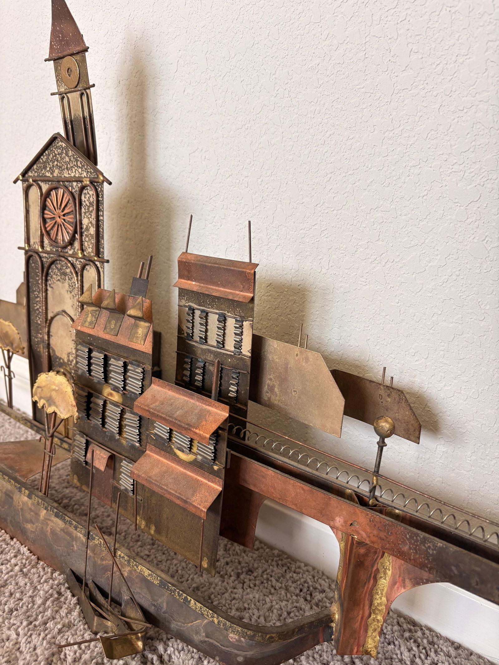 1970s Signed Curtis Jere Mid-Century Modern Brutalist Cityscape Bridge Wall Sculpture, Copper & Bras - 11