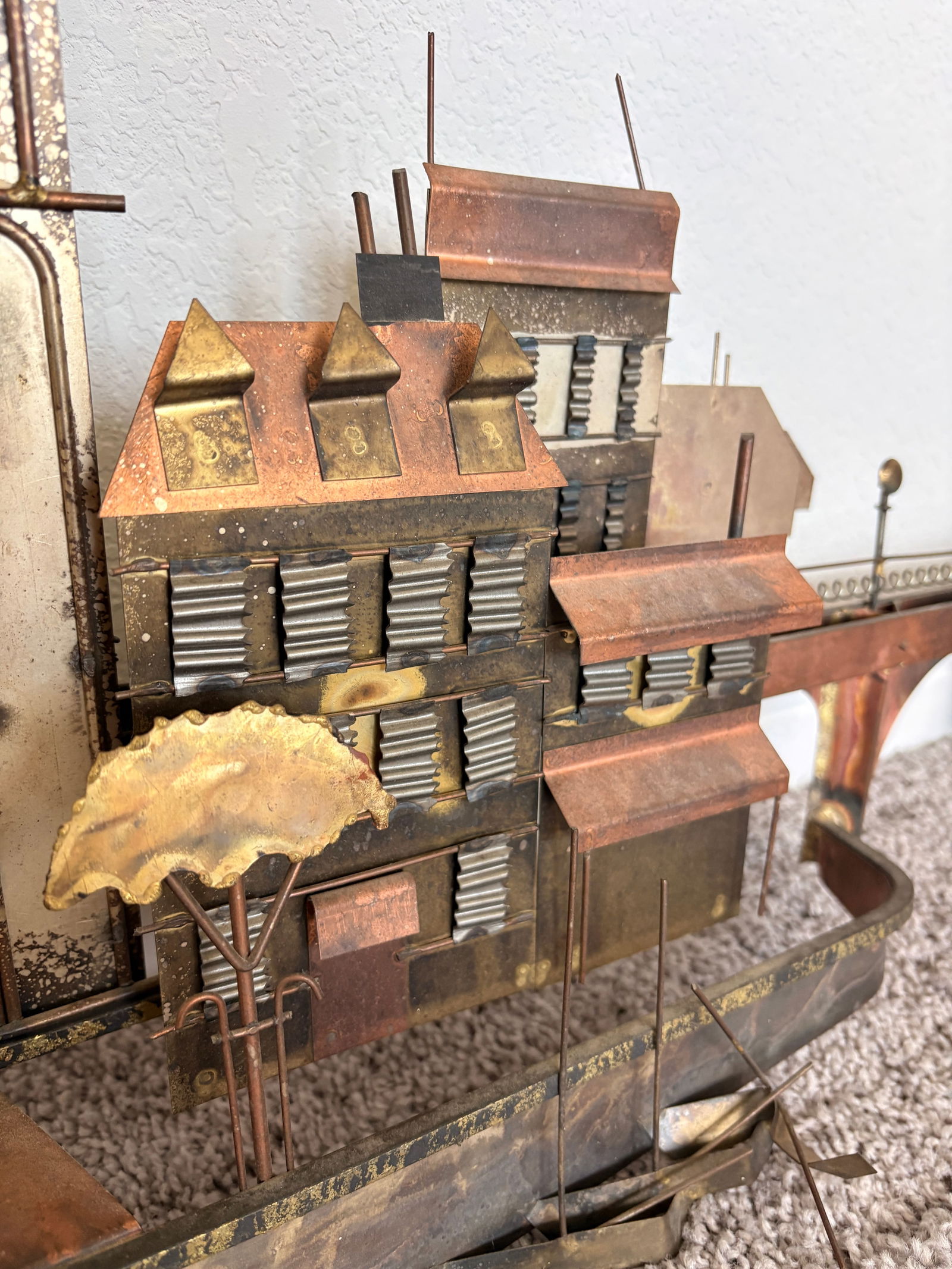 1970s Signed Curtis Jere Mid-Century Modern Brutalist Cityscape Bridge Wall Sculpture, Copper & Bras - 2