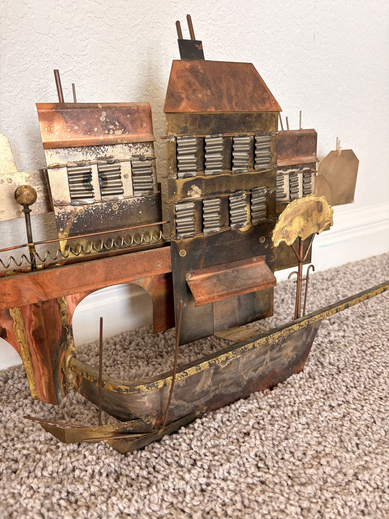 1970s Signed Curtis Jere Mid-Century Modern Brutalist Cityscape Bridge Wall Sculpture, Copper & Bras - 4