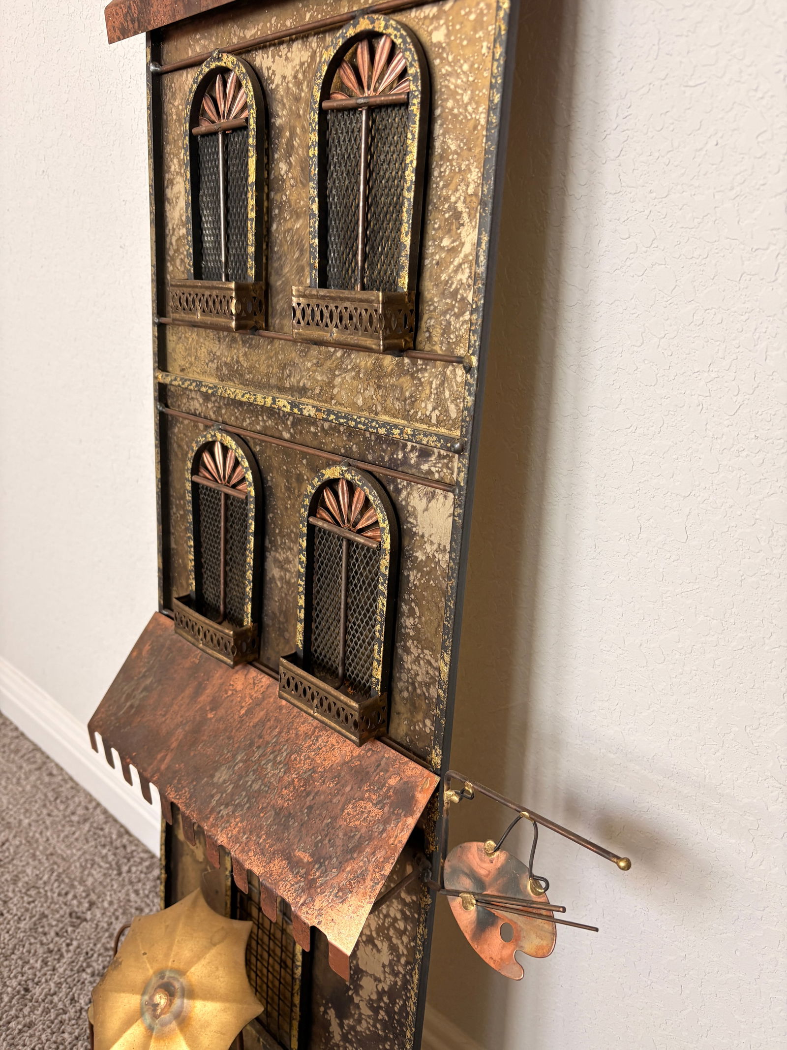 1970s Signed Curtis Jere Mid-Century Modern Street Shop Scene Wall Sculpture in Copper & Brass - 11