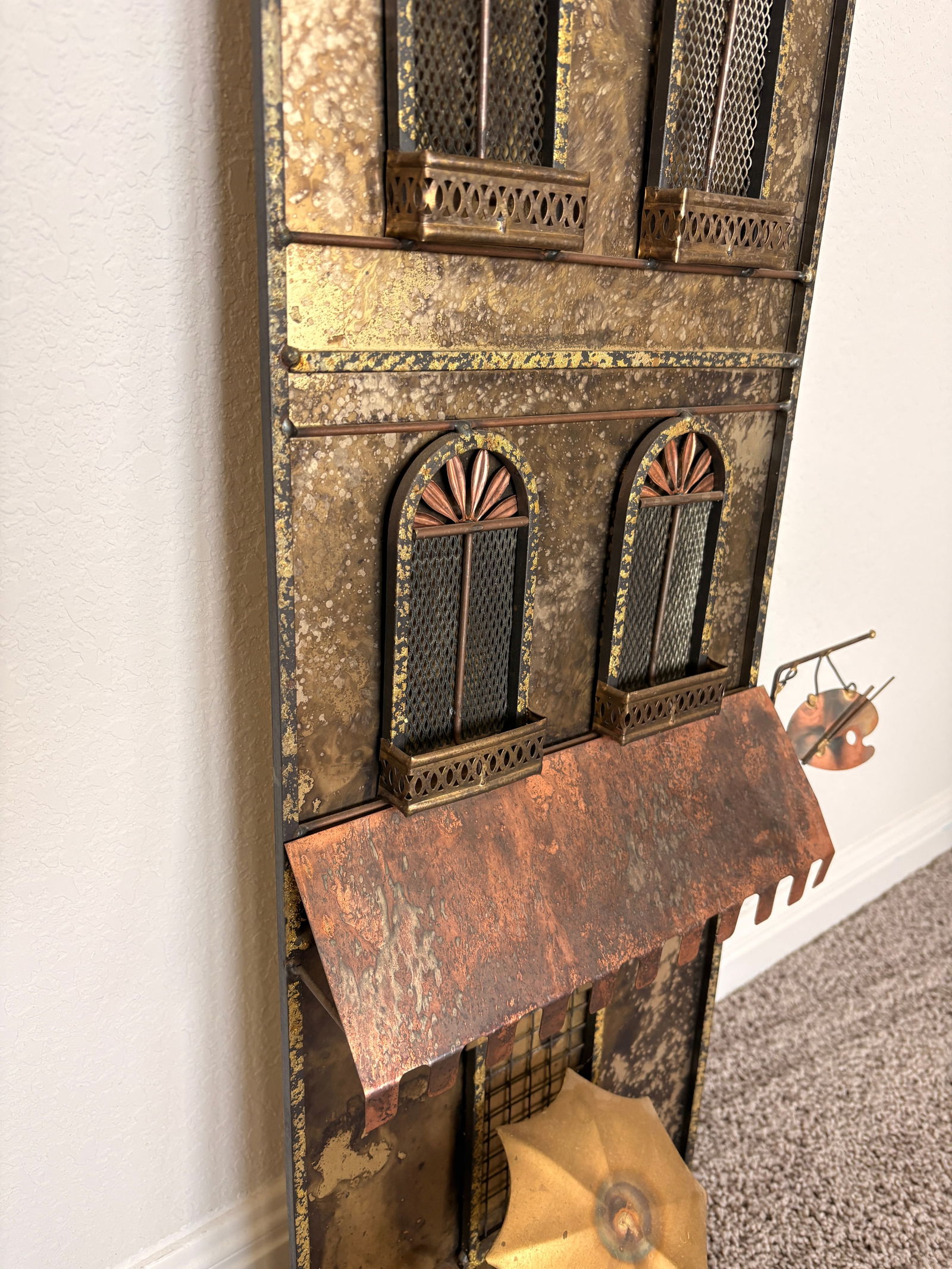 1970s Signed Curtis Jere Mid-Century Modern Street Shop Scene Wall Sculpture in Copper & Brass - 3