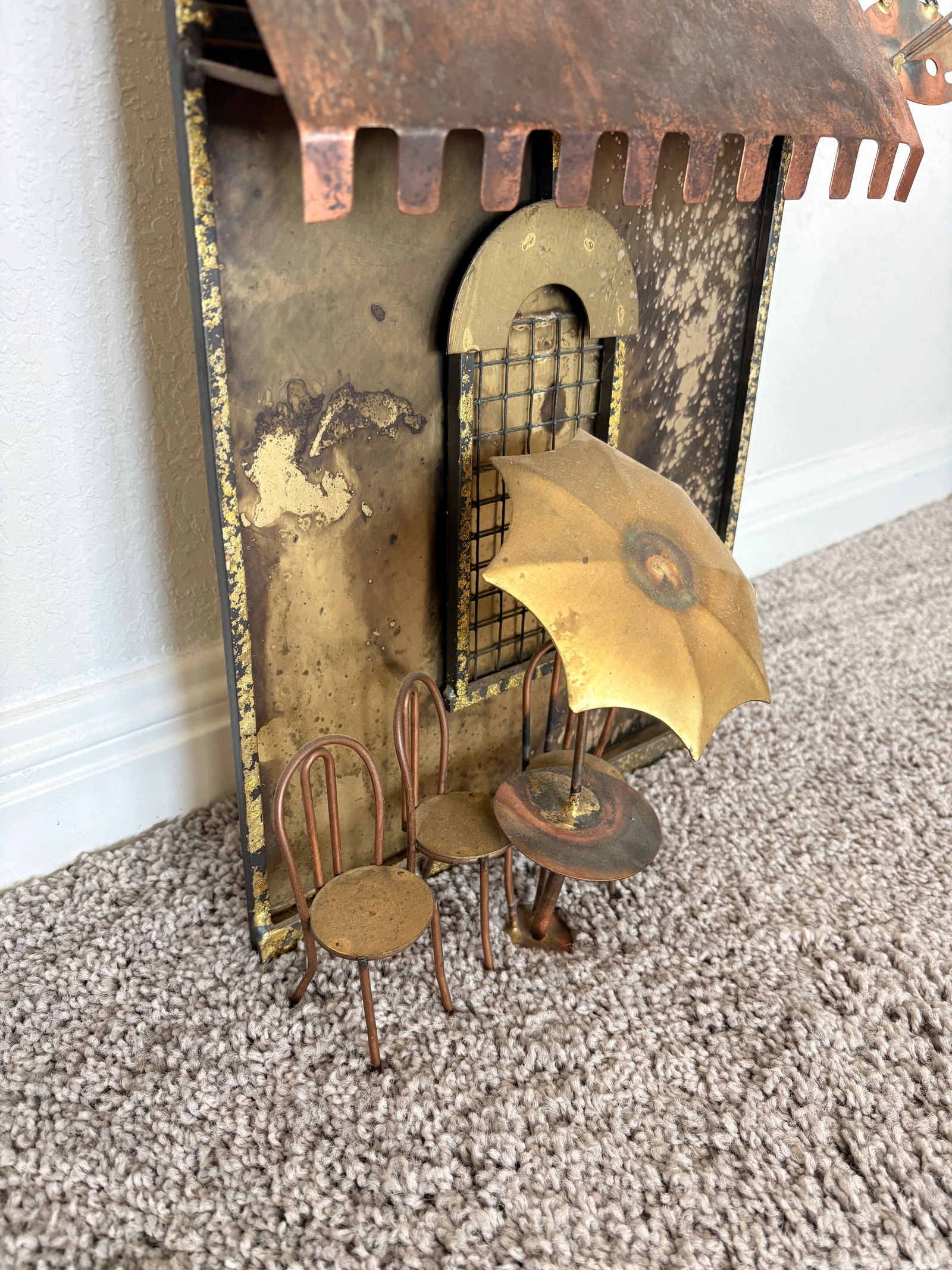 1970s Signed Curtis Jere Mid-Century Modern Street Shop Scene Wall Sculpture in Copper & Brass - 4