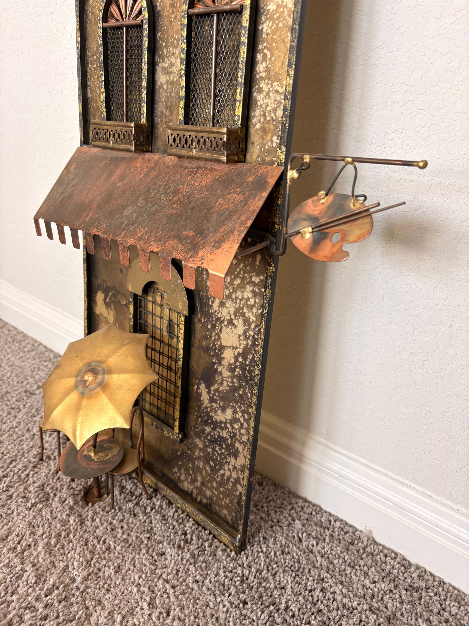 1970s Signed Curtis Jere Mid-Century Modern Street Shop Scene Wall Sculpture in Copper & Brass - 5