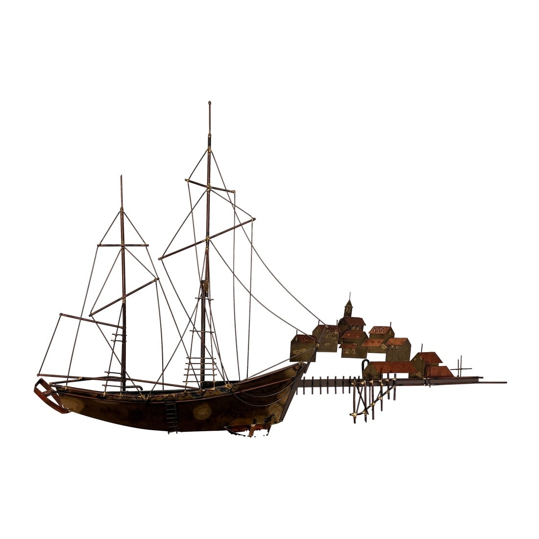 1970s Signed Curtis Jere Mid-Century Modern Sailing Ship & Harbor Village Wall Sculpture: Creator: Curtis Jere Origin: United States Period: Mid-Century Modern, circa 1960s–1970s Materials: Brass, copper, steel Condition: Vintage – good, with age-appropriate wear Signature: Sig