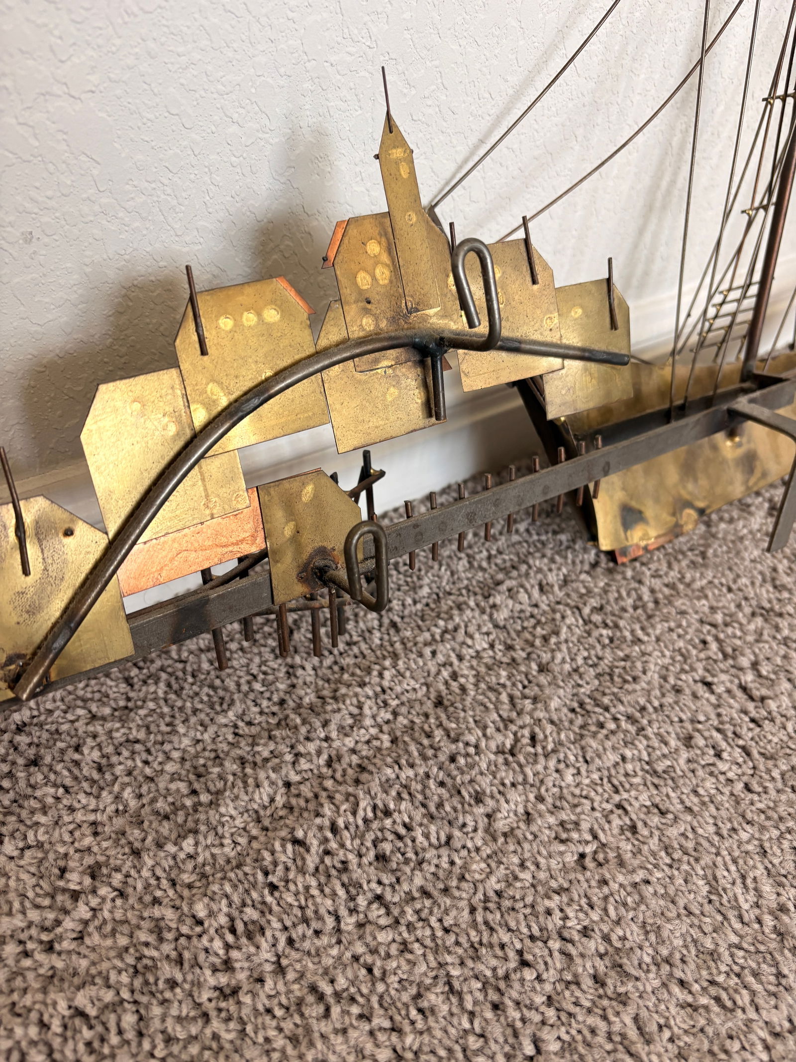 1970s Signed Curtis Jere Mid-Century Modern Sailing Ship & Harbor Village Wall Sculpture - 8
