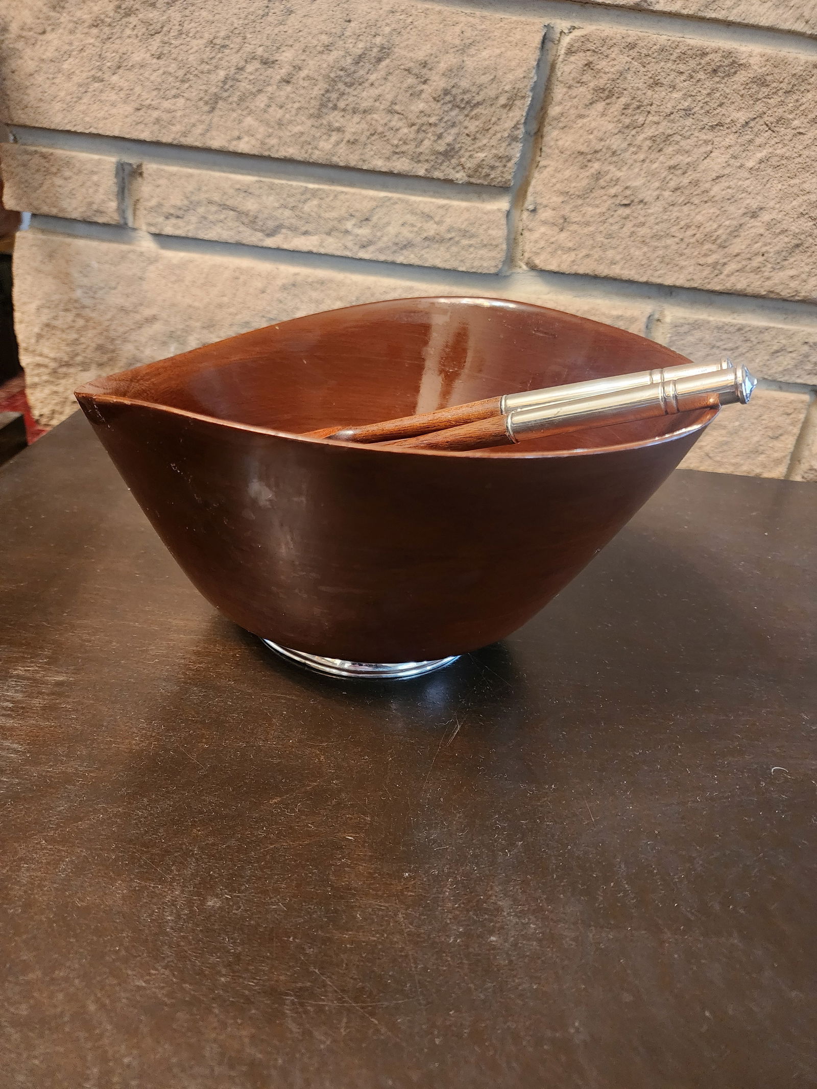 1960s Mid Century Modern Mahogany and Sterling Silver Bowl and Utensils - 5