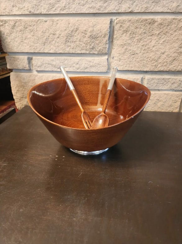 1960s Mid Century Modern Mahogany and Sterling Silver Bowl and Utensils - 7