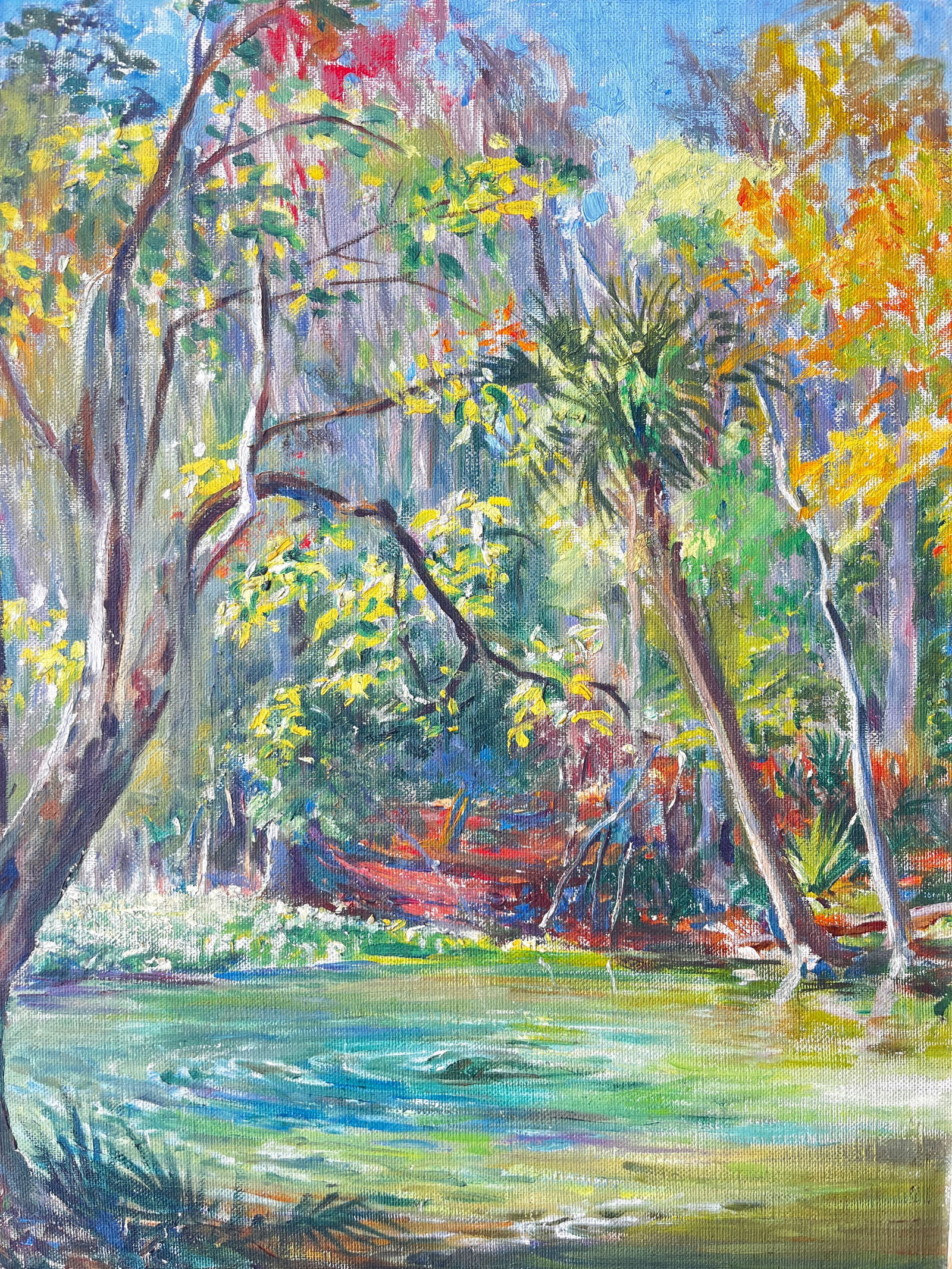 Vintage Florida Spring Landscape Painting in the Highwaymen Style in Pickled Cerused Wood Frame, Mid - 3