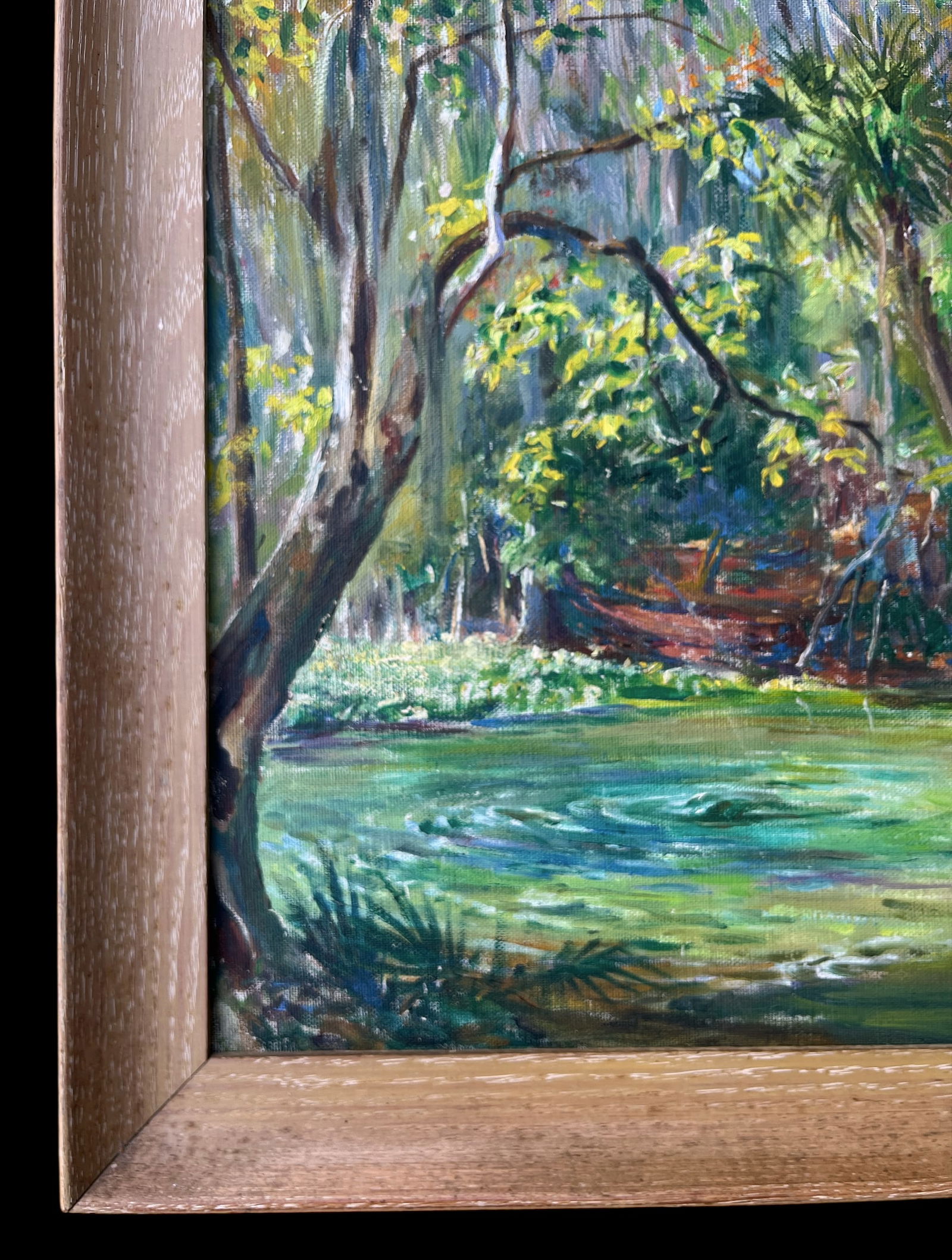 Vintage Florida Spring Landscape Painting in the Highwaymen Style in Pickled Cerused Wood Frame, Mid - 4