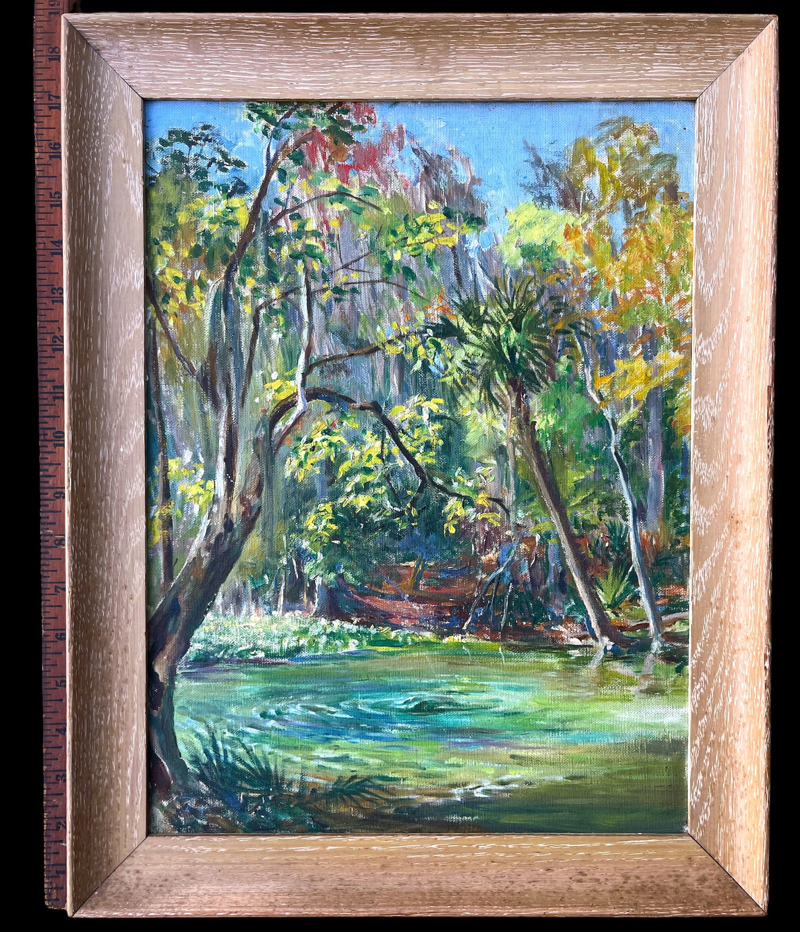 Vintage Florida Spring Landscape Painting in the Highwaymen Style in Pickled Cerused Wood Frame, Mid - 6