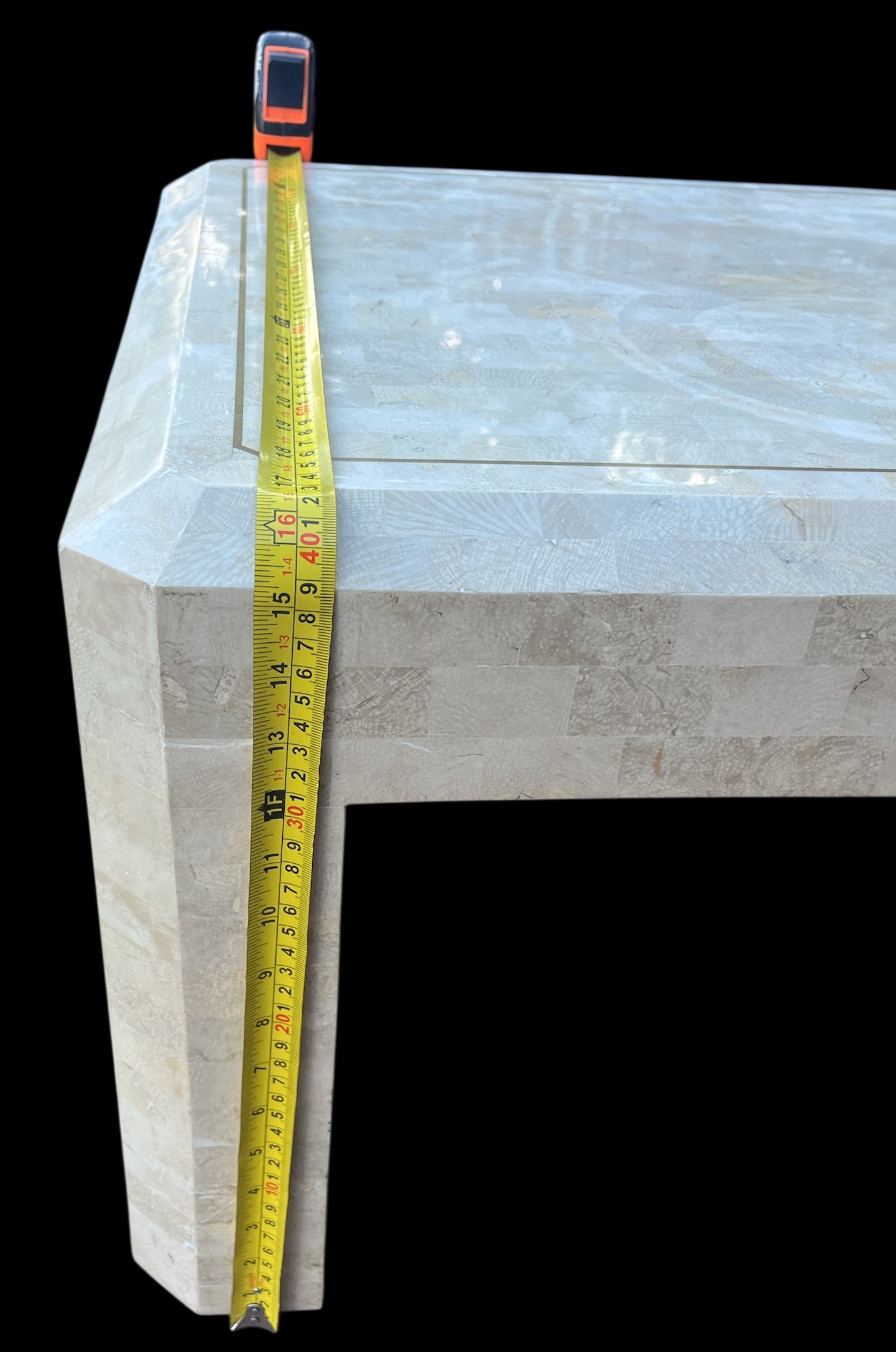 Vintage Tessellated Travertine Stone and Brass Coffee Table Attributed to Maitland-Smith Karl Spring - 11