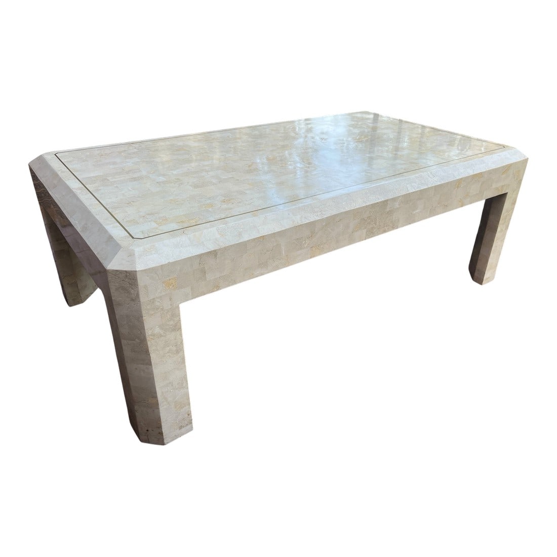 Vintage Tessellated Travertine Stone and Brass Coffee Table Attributed to Maitland-Smith Karl Spring (1 of 12)