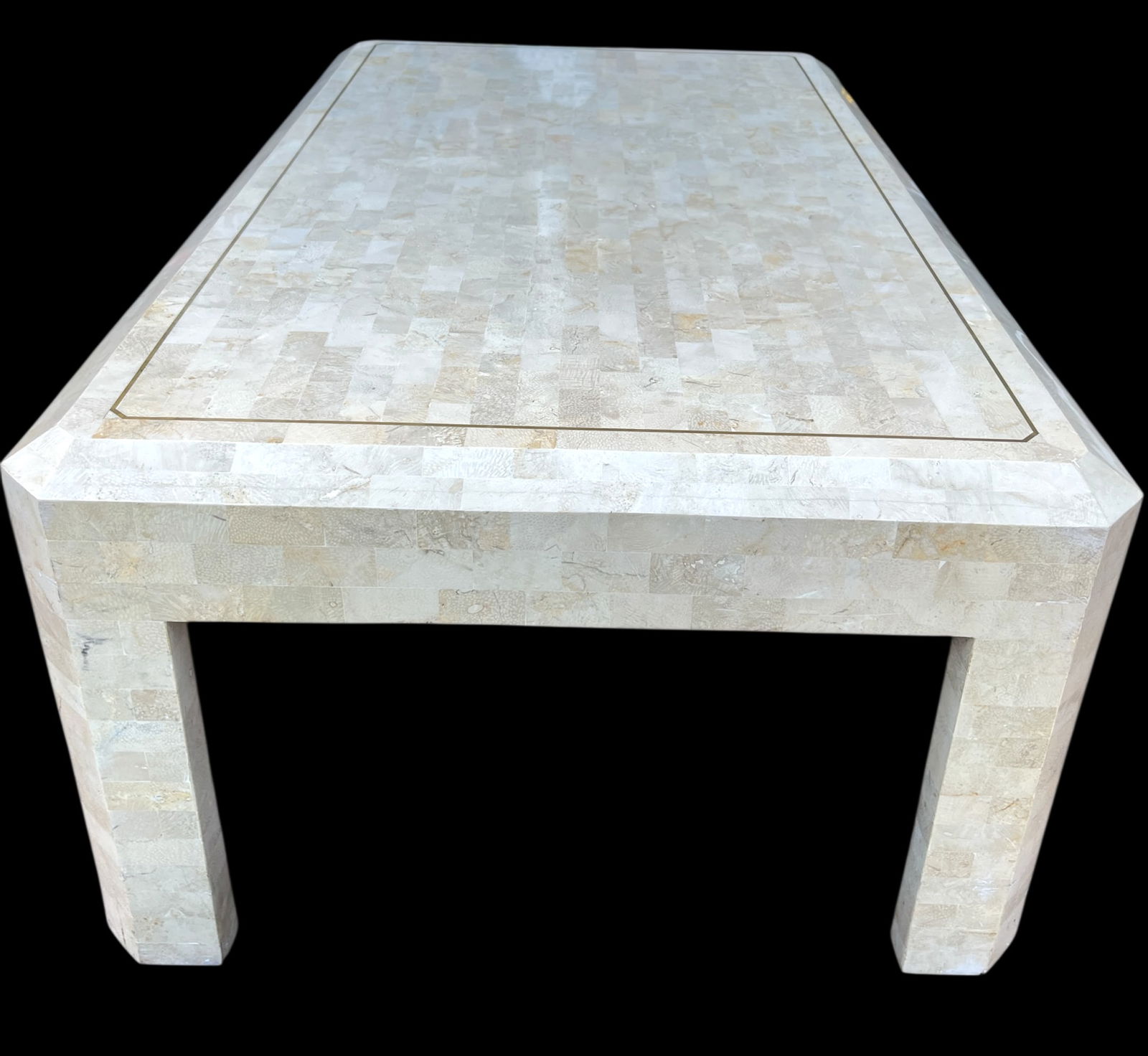 Vintage Tessellated Travertine Stone and Brass Coffee Table Attributed to Maitland-Smith Karl Spring - 3