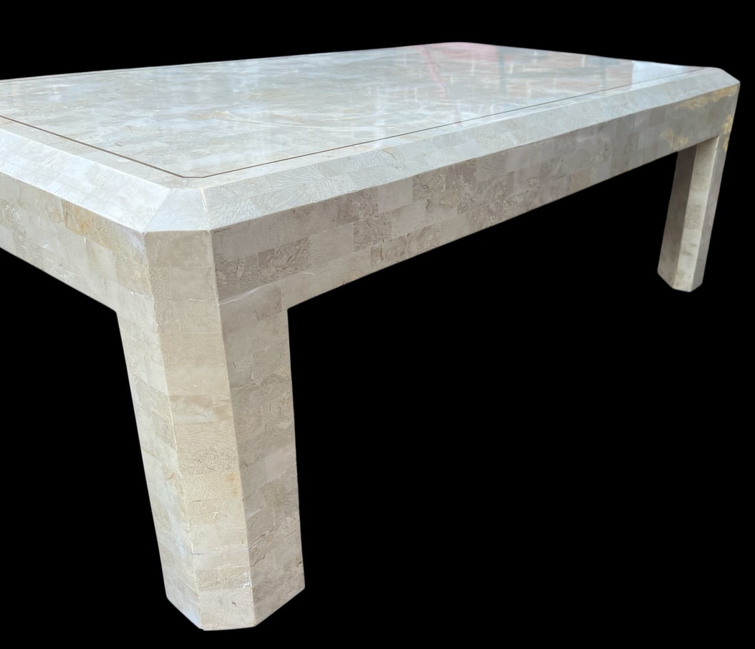 Vintage Tessellated Travertine Stone and Brass Coffee Table Attributed to Maitland-Smith Karl Spring - 4