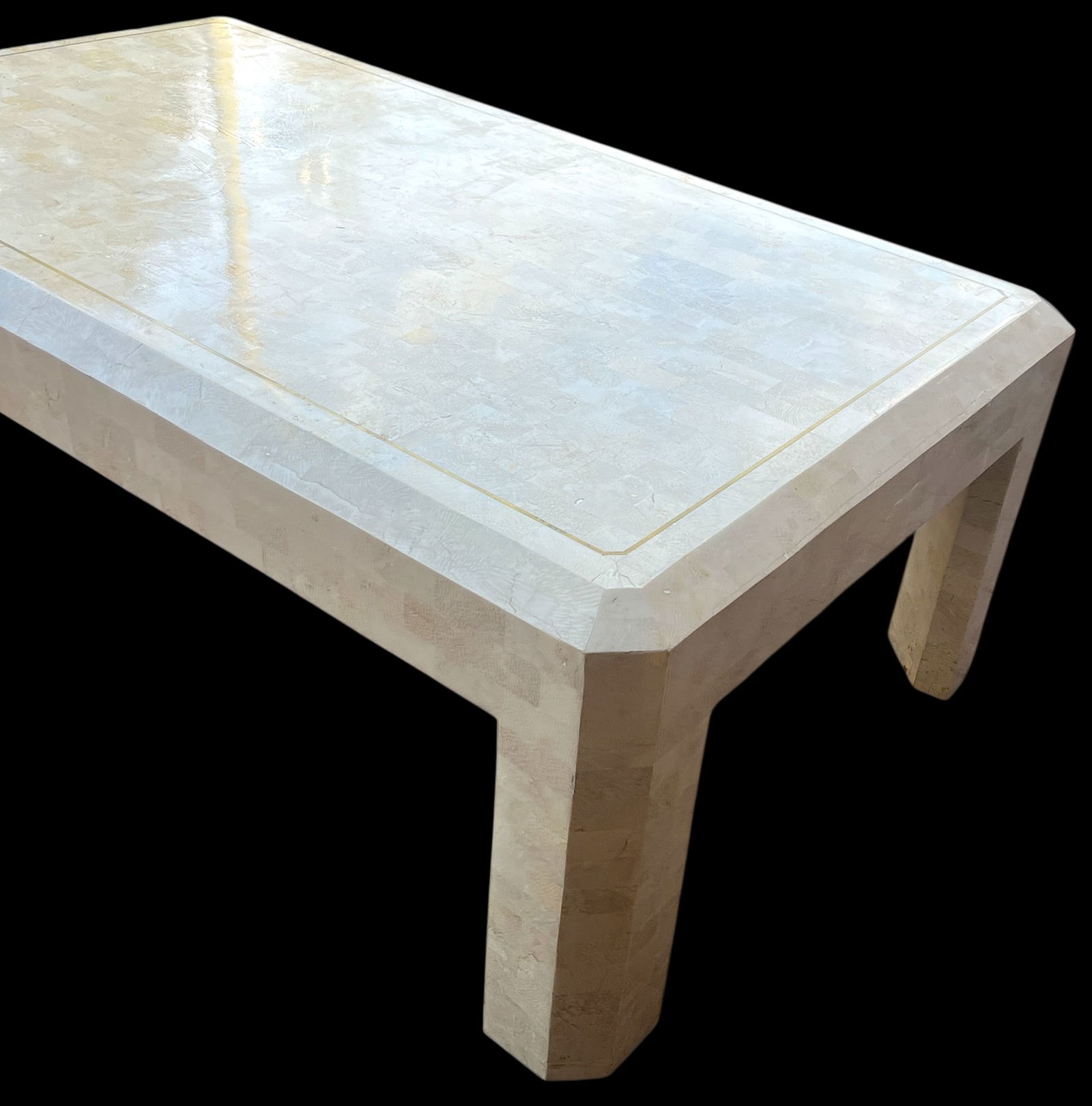 Vintage Tessellated Travertine Stone and Brass Coffee Table Attributed to Maitland-Smith Karl Spring - 5