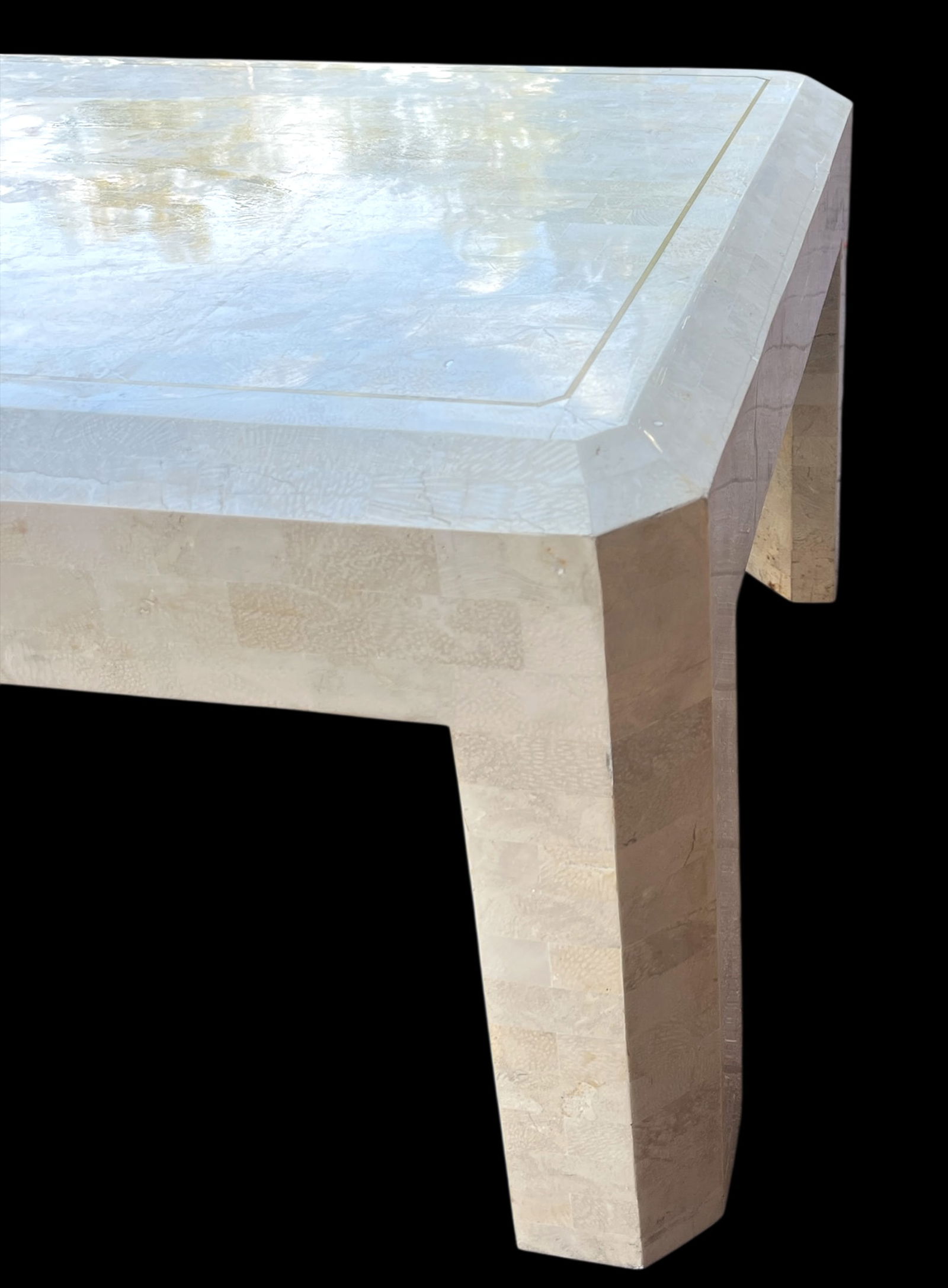 Vintage Tessellated Travertine Stone and Brass Coffee Table Attributed to Maitland-Smith Karl Spring - 6