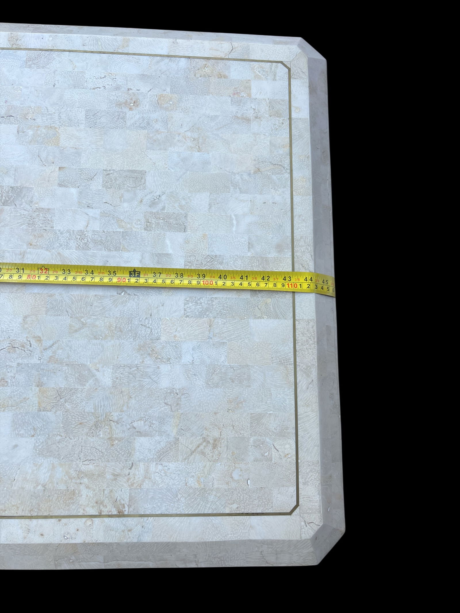 Vintage Tessellated Travertine Stone and Brass Coffee Table Attributed to Maitland-Smith Karl Spring - 9