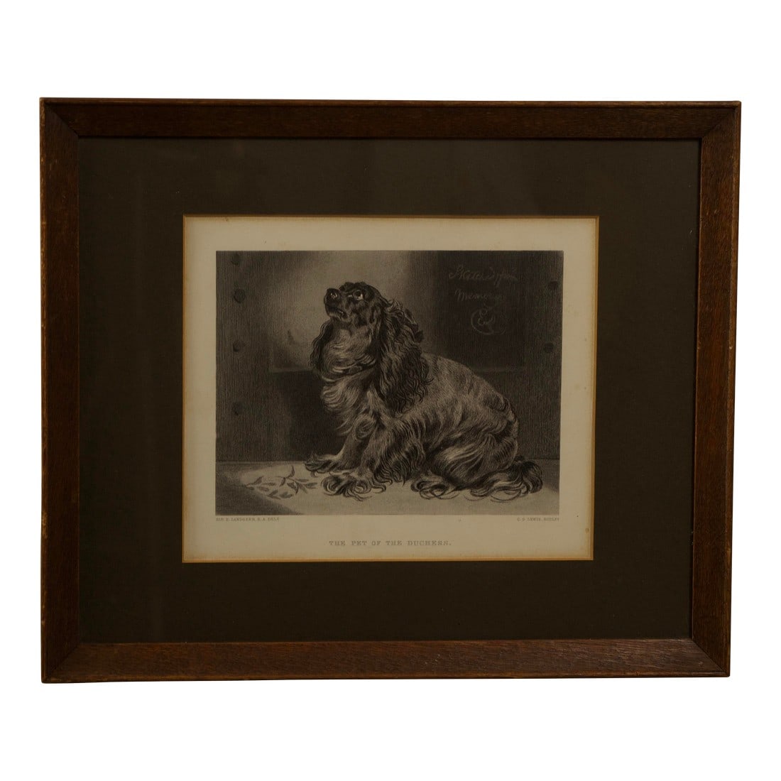 19th-Century Engraving After Sir Edwin Landseer, the Pet of the Duchess: A finely detailed 19th-century steel engraving after Sir Edwin Landseer, one of Britain's most celebrated painters of animal subjects. Titled The Pet of the Duchess, the composition exemplifies