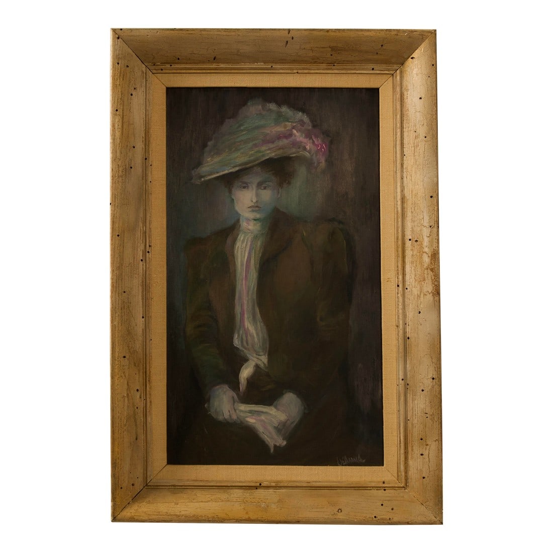 Late 20th Century Oil Portrait of a Woman in Hat, Signed "˜Deanna,' Framed: A quietly evocative oil portrait depicting a seated woman in a wide-brimmed hat, rendered in a restrained palette of slate blue, charcoal, and soft earth tones. The composition favors mood over detail