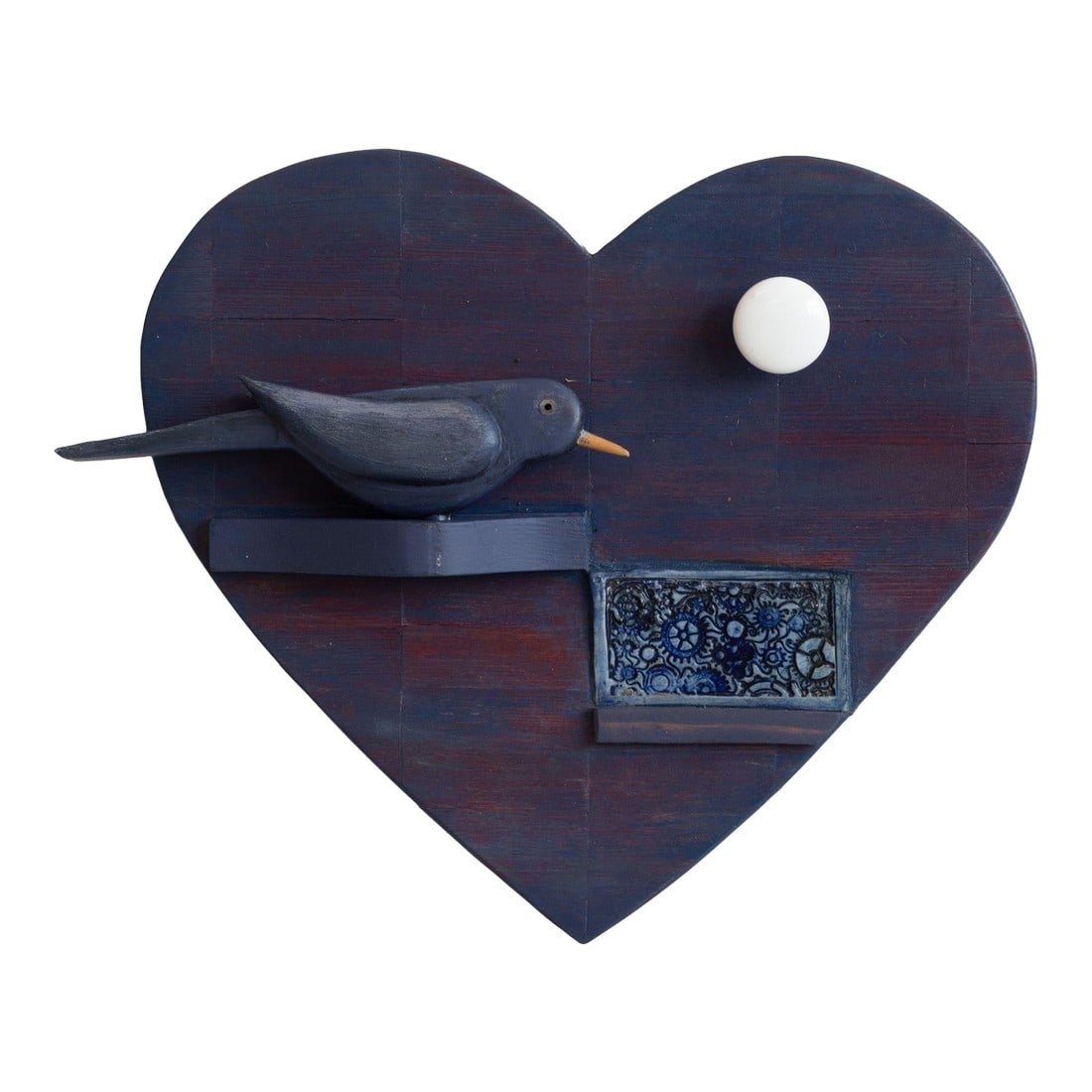 Max Neufeldt Blue Bird Heart College 1985: Max Neufeldt "Blue Bird Heart" Assemblage Collage, 1985 An original mixed-media relief by California artist Max Neufeldt, this 1985 "Blue Bird Heart" piece marries a hand-crafted bird figure on a