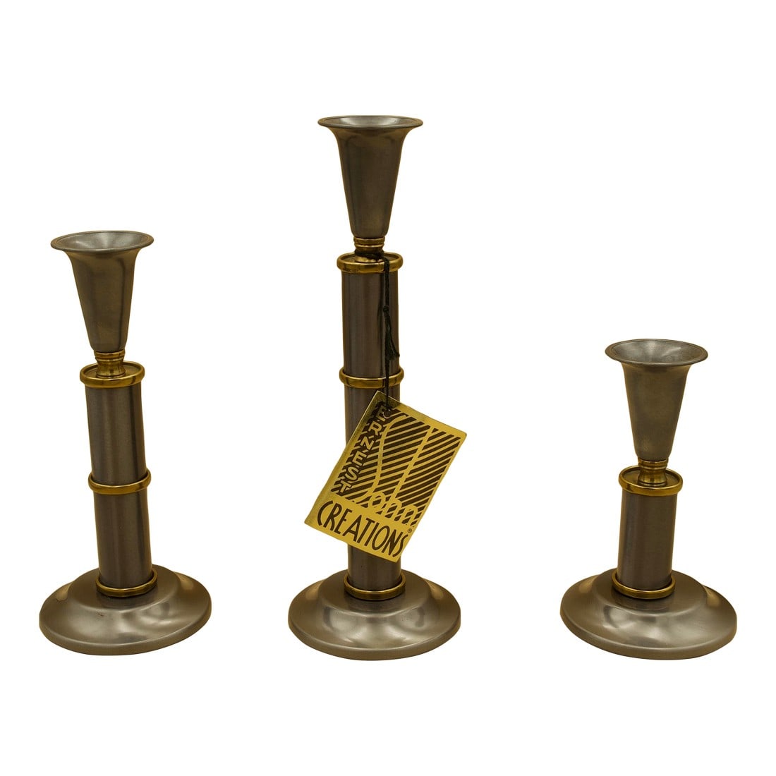 Mid-Century Ernest Sohn Creations Metal Candlesticks, Set of Three, Original Tag: A sculptural set of three mid-century modern metal candlesticks designed by Ernest Sohn and produced in the United States by ETCO Industries. Executed in blackened metal with brass accent rings, the