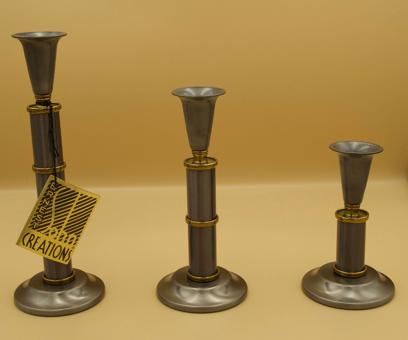 Mid-Century Ernest Sohn Creations Metal Candlesticks, Set of Three, Original Tag - 2