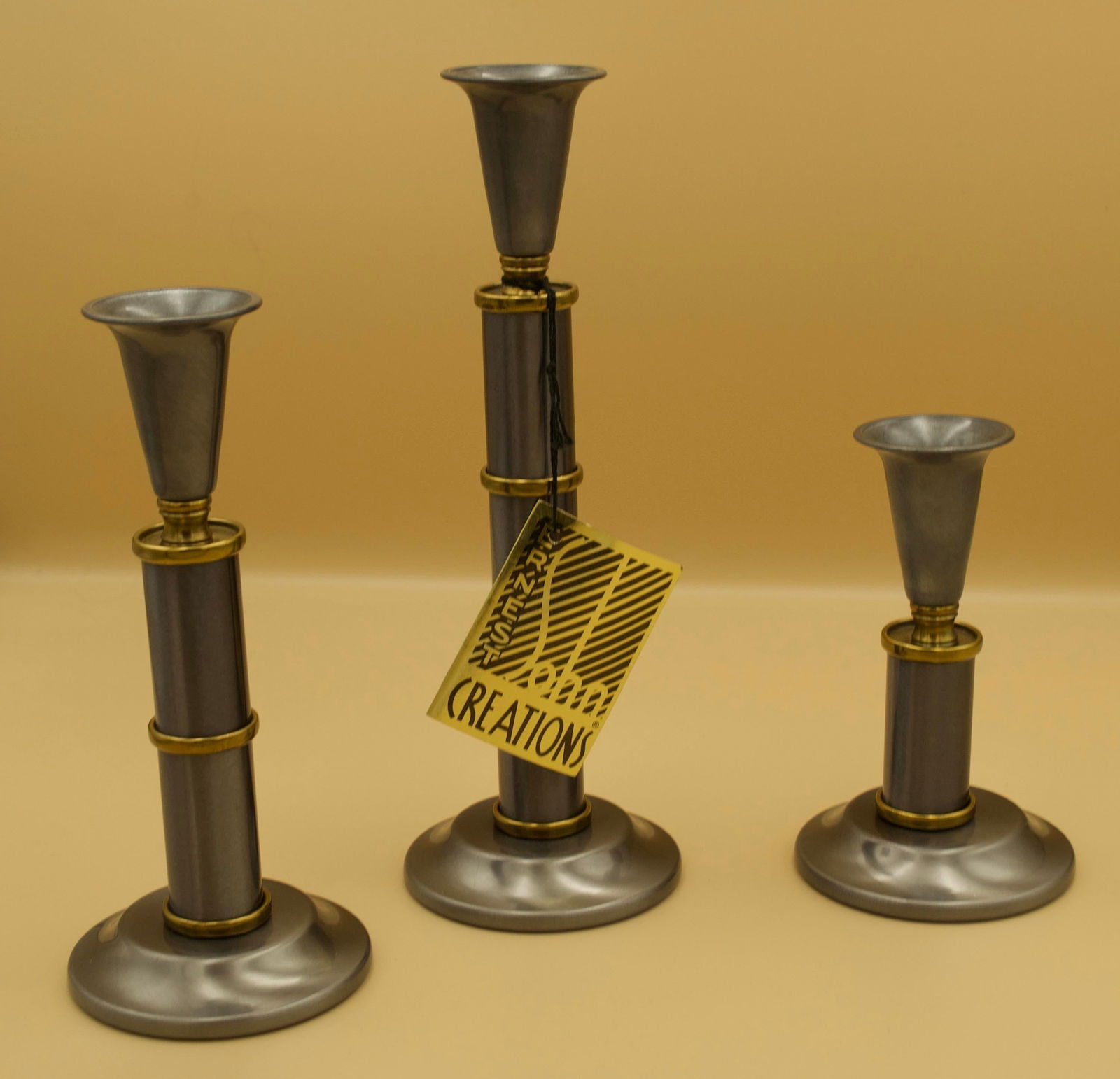 Mid-Century Ernest Sohn Creations Metal Candlesticks, Set of Three, Original Tag - 3