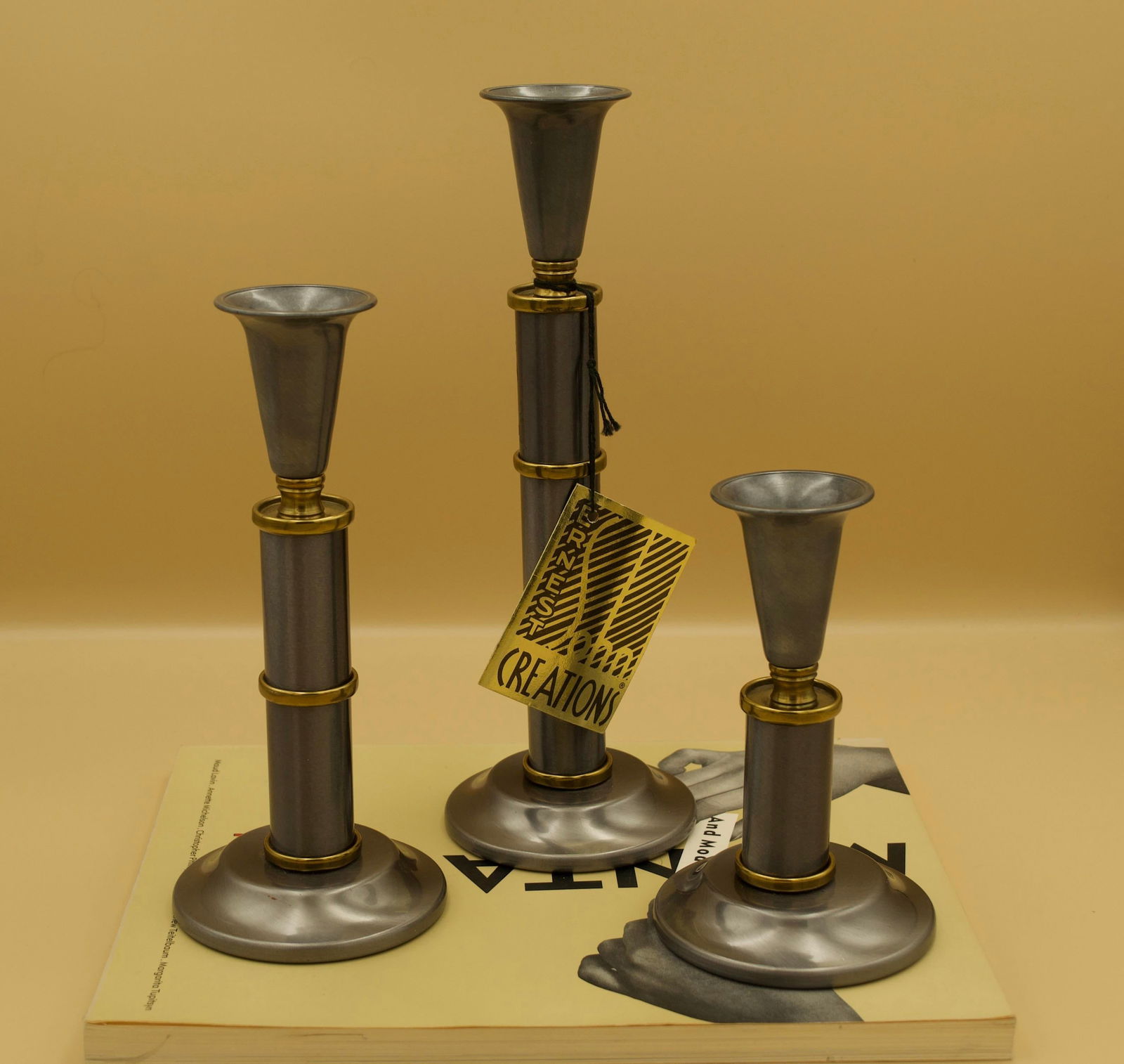 Mid-Century Ernest Sohn Creations Metal Candlesticks, Set of Three, Original Tag - 8