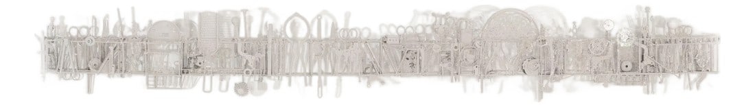 Max Neufeldt Metal Collage – Assemblage Sculpture 1990: Max Neufeldt Metal Collage – Horizontal Assemblage Sculpture, 1990 This expansive, horizontally oriented metal collage is an original 1990 assemblage by California artist Max Neufeldt. Composed