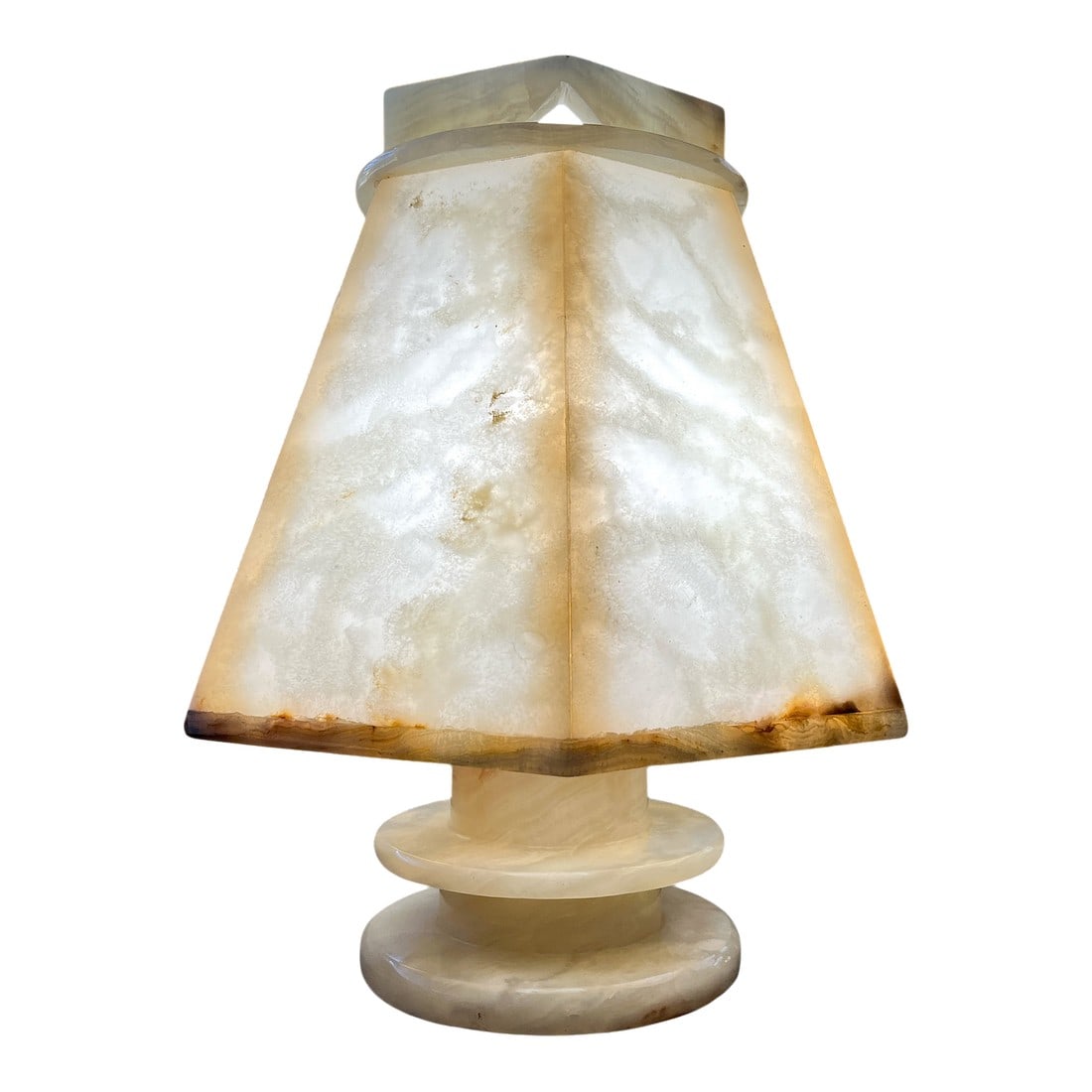 1970s Sculptural Alabaster Table Lamp With Hexagonal Shade – 14" H: A striking vintage alabaster table lamp from the 1970s, showcasing the timeless appeal of hand-carved stone and soft, atmospheric light. This sculptural lamp features a faceted hexagonal alabaster sha