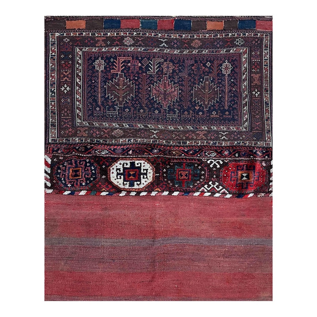 Antique Azerbaijan Large Rug/ Bag Soumak Kilim 4'1" X 5': Antique Azerbaijan Large Rug "” Bag Soumak Kilim Approx. 4"²1"³ × 5"² (124 × 152 cm) "• Stock #14154 This exceptional antique Azerbaijan Bag Soumak kilim is a