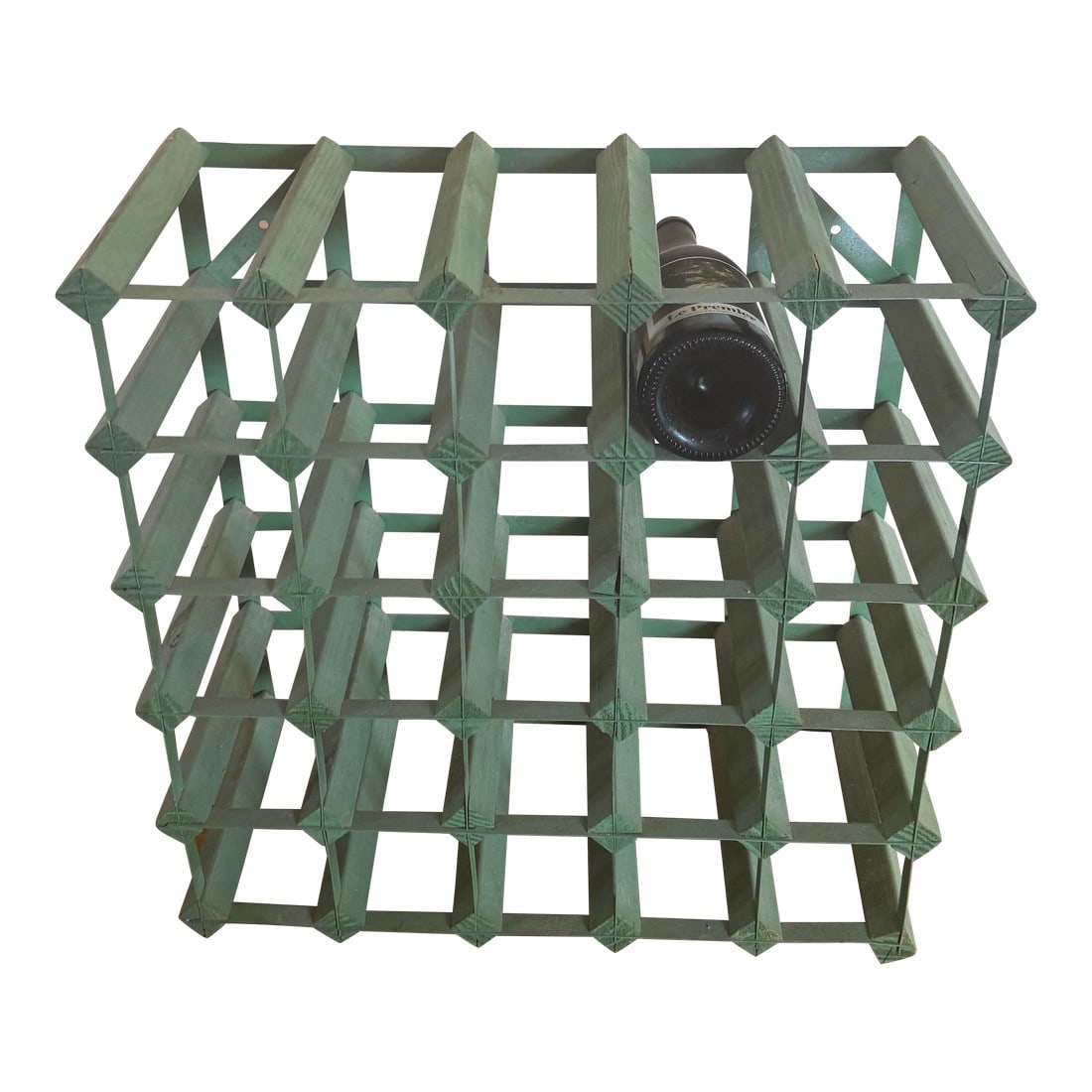 Vintage Painted Wood & Metal Wine Rack: Architectural vintage wine rack featuring a wood and metal grid construction with a hand-painted green finish. Designed to store bottles horizontally, the rack accommodates multiple bottles while