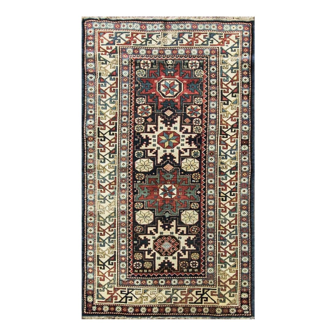 Antique Caucasian Lesghi Star Rug3'3" X 5'8": This beautiful antique Caucasian Lesghi rug features a striking deep blue field accented by rich green, soft ivory, and rusty red tones. The design is centered around three large, bold Lesghi star