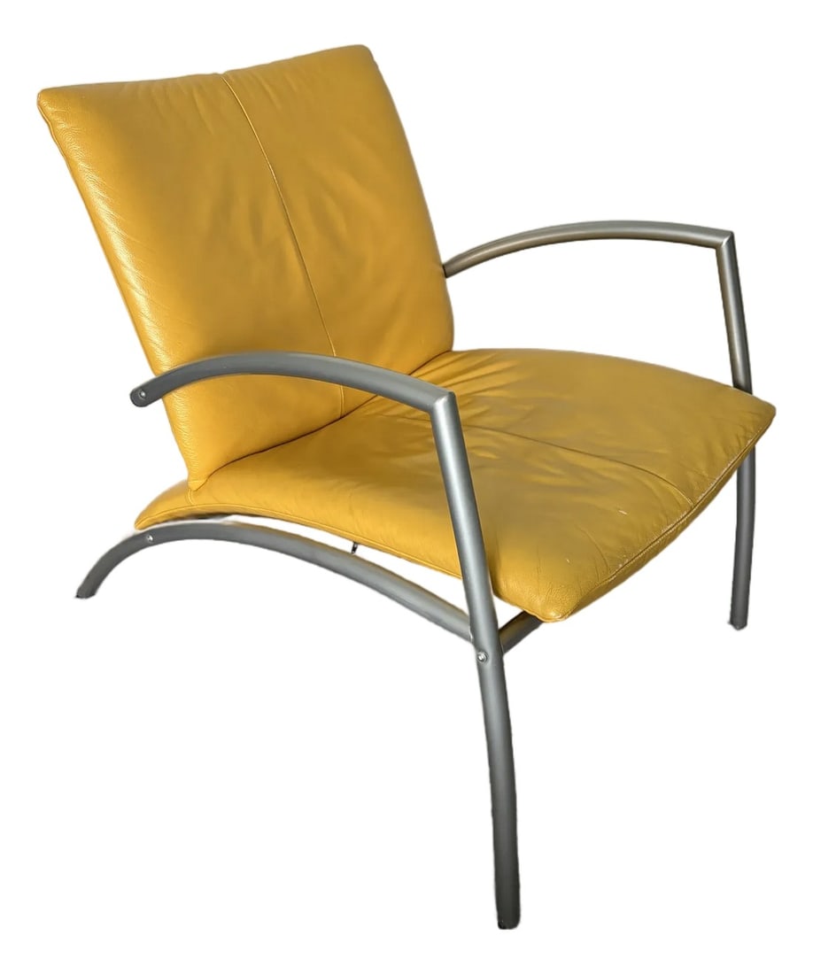 Kebe Leather Lounge Chair – Mustard Yellow – Danish Modern - 1980s: KEBE leather lounge chair in a bold mustard yellow leather with a brushed aluminum frame. KEBE is a Danish manufacturer known for modern, ergonomic seating from the late 1980s–2000s, often