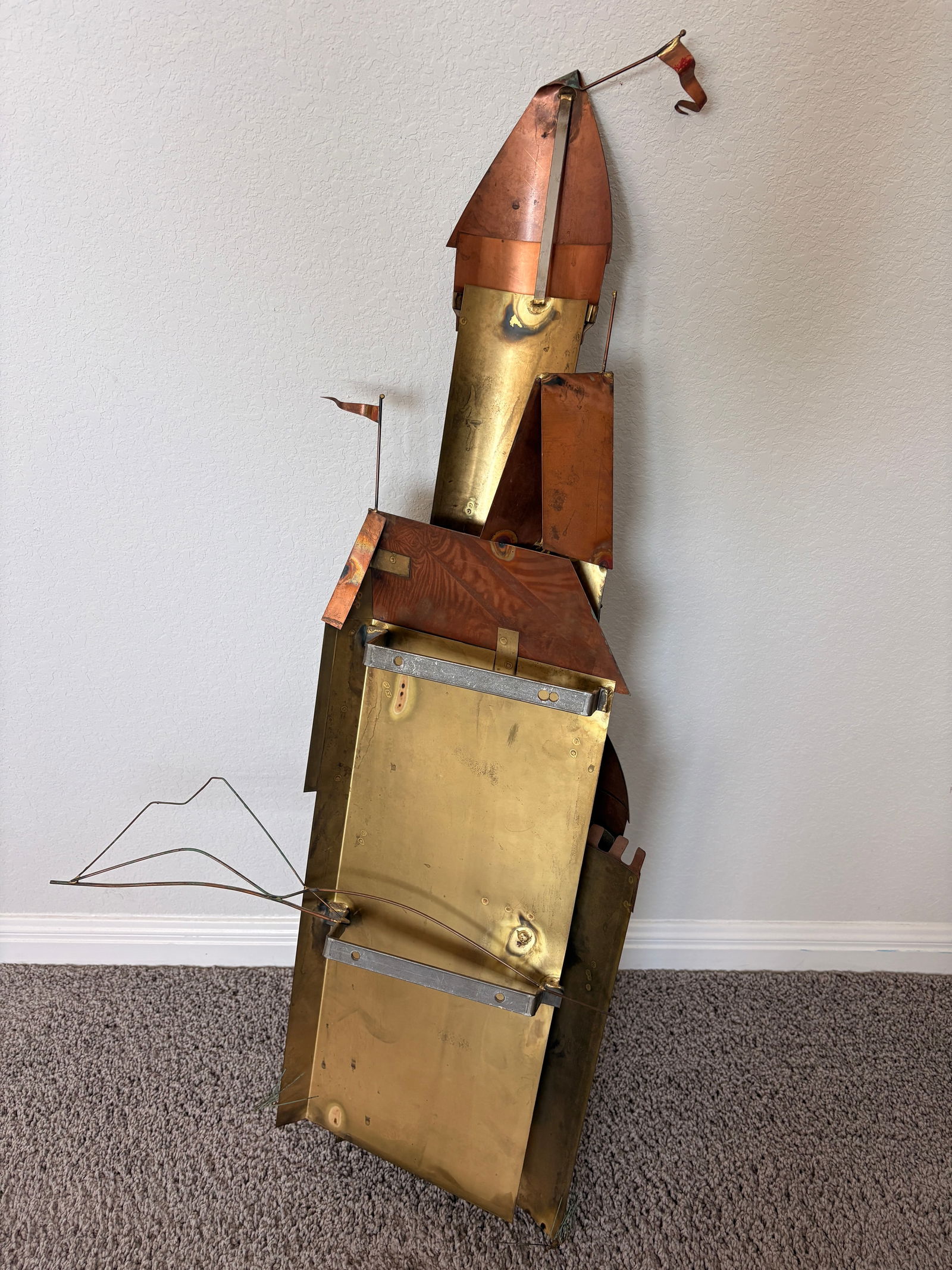 1970s Signed Curtis Jere Mid-Century Modern Fantastical Tower Village Wall Sculpture, Copper & Brass - 13