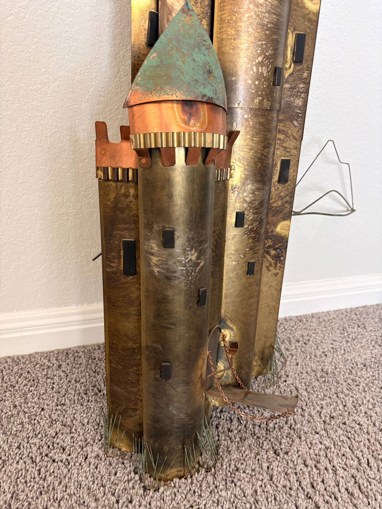 1970s Signed Curtis Jere Mid-Century Modern Fantastical Tower Village Wall Sculpture, Copper & Brass - 2
