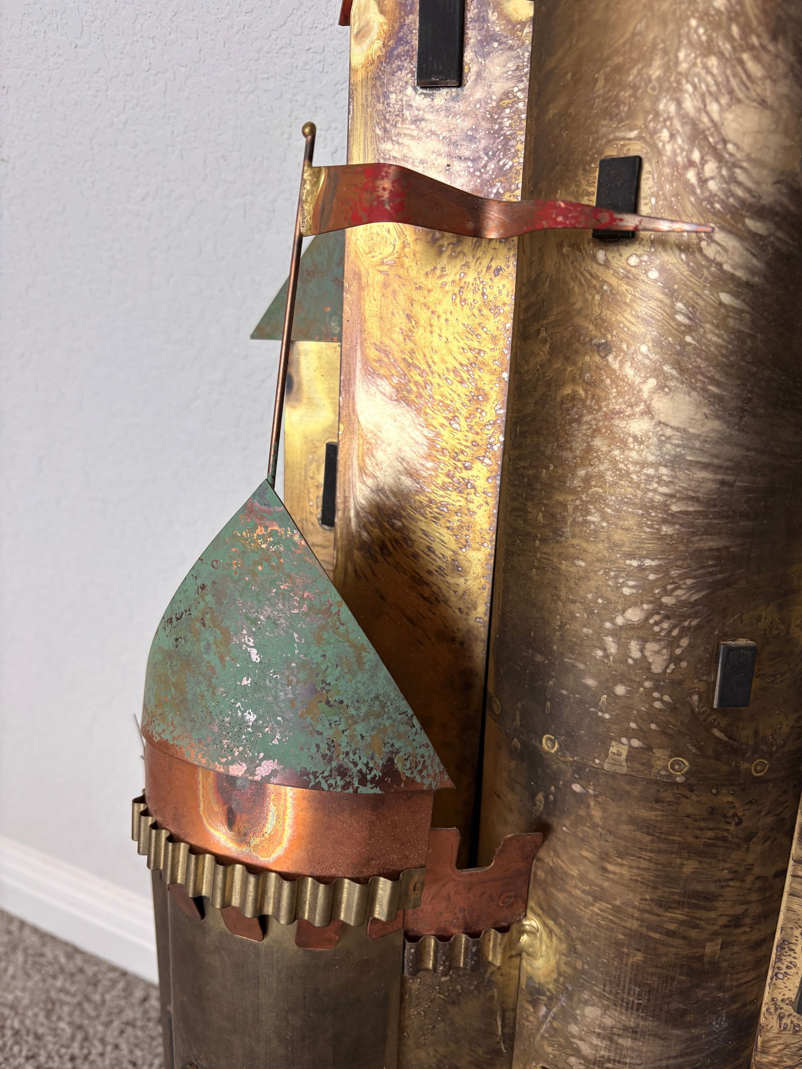 1970s Signed Curtis Jere Mid-Century Modern Fantastical Tower Village Wall Sculpture, Copper & Brass - 5