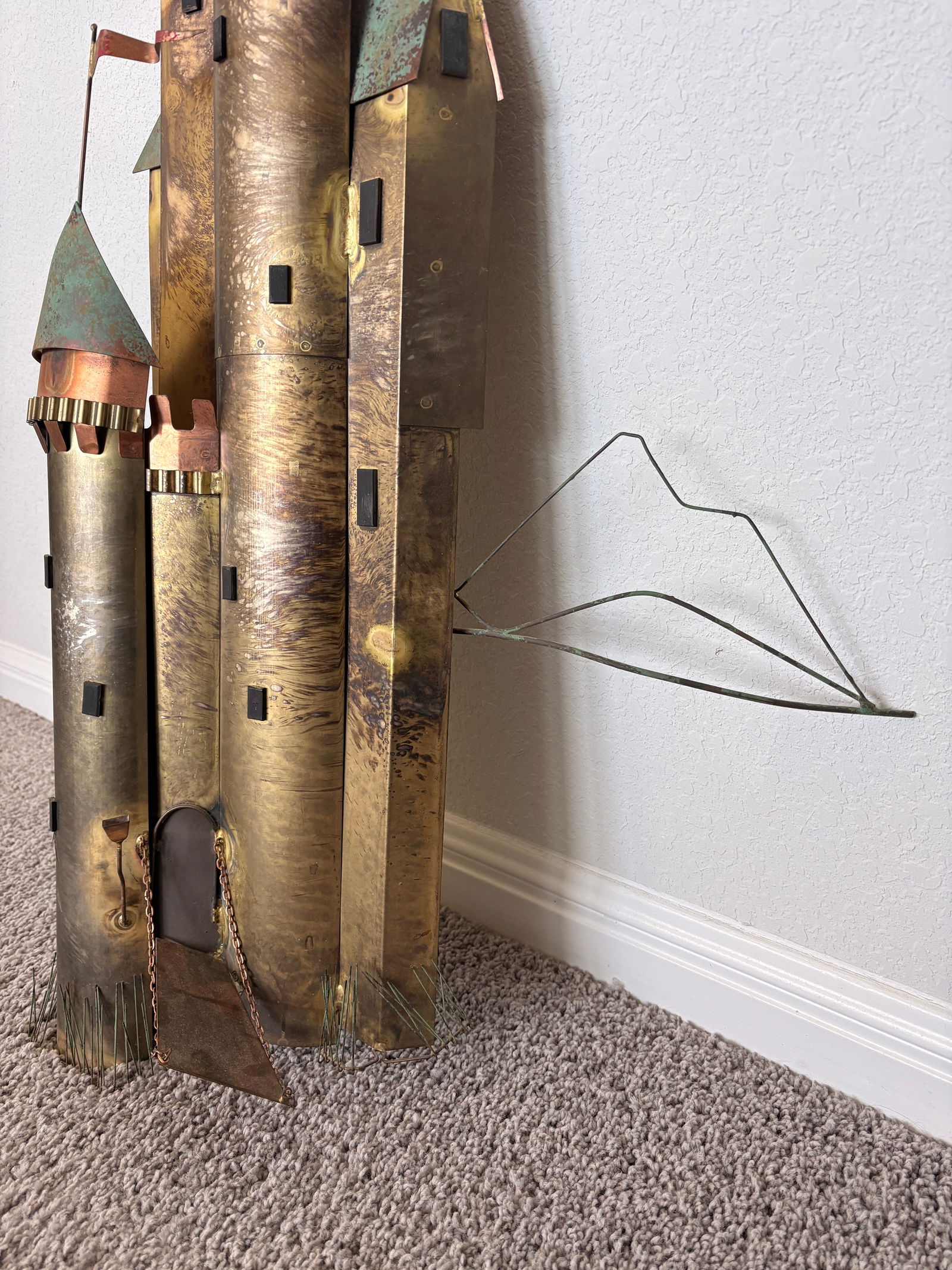 1970s Signed Curtis Jere Mid-Century Modern Fantastical Tower Village Wall Sculpture, Copper & Brass - 6